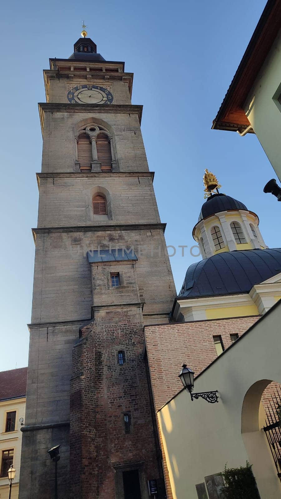 October 22 2024 Hradec Kralove, Czech Republic Europe,White Tower,clock old history building architecture city town, blue sky day. High quality photo