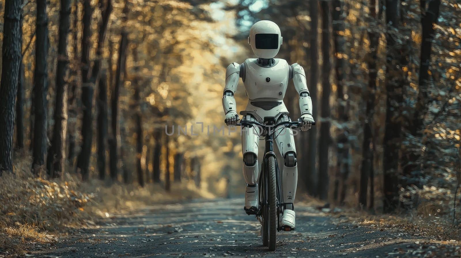 A humanoid robot joyfully rides a bicycle through a peaceful forest path, showcasing a blend of technology and nature in a vibrant autumn setting.