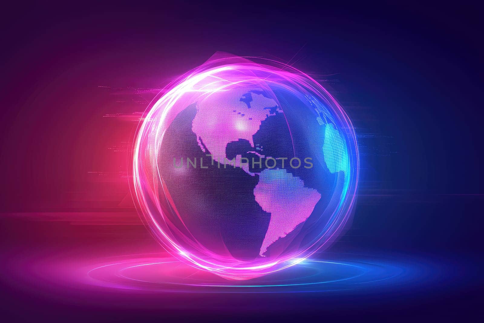 This abstract illustration features a globe adorned with glowing lines set against a pink and blue background, embodying a modern and vibrant digital concept.