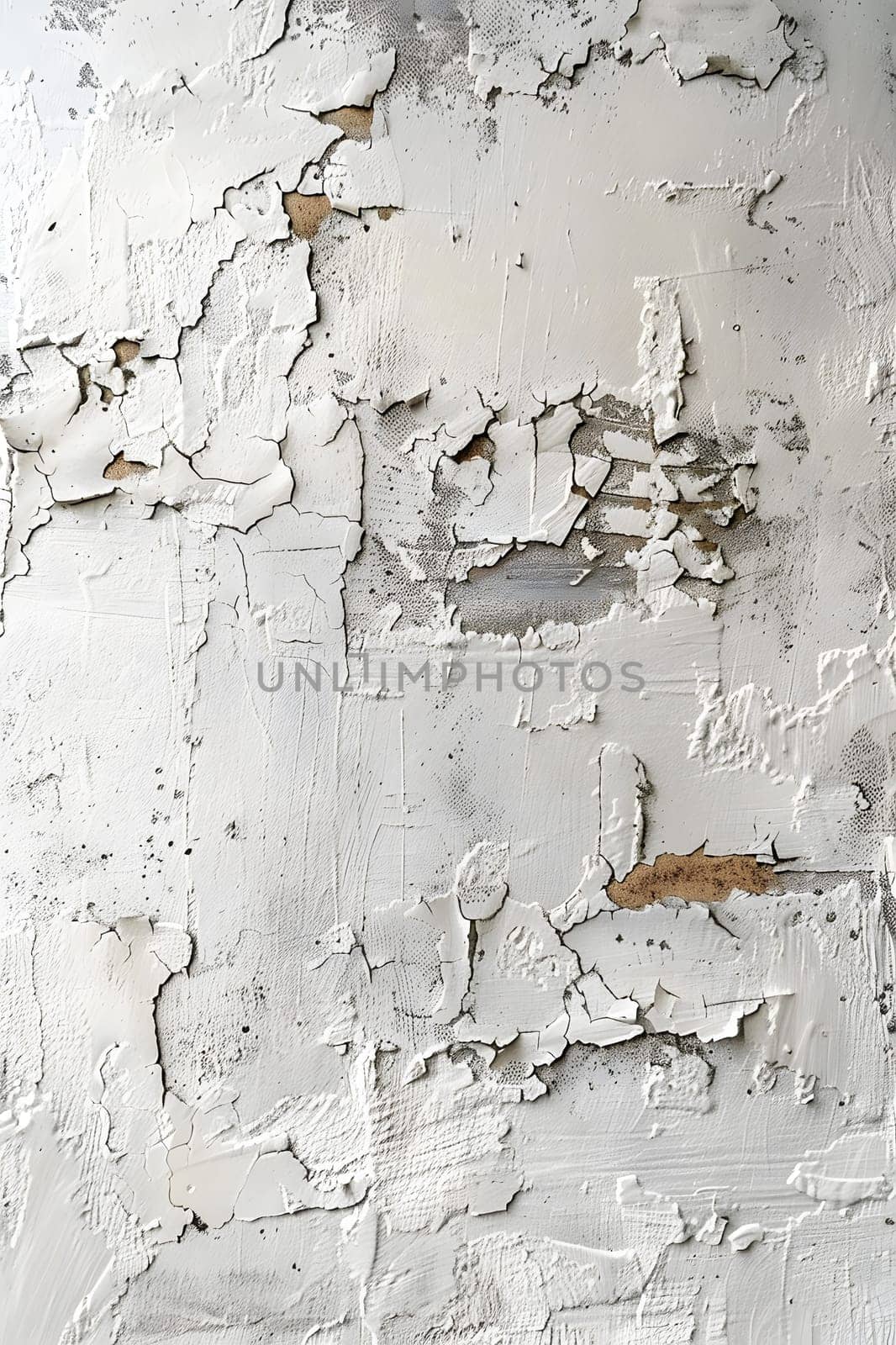 A detailed shot showcasing a white wall with peeling paint, revealing layers of brown and grey underneath. The pattern resembles wood grain, creating an artistic effect on the building material
