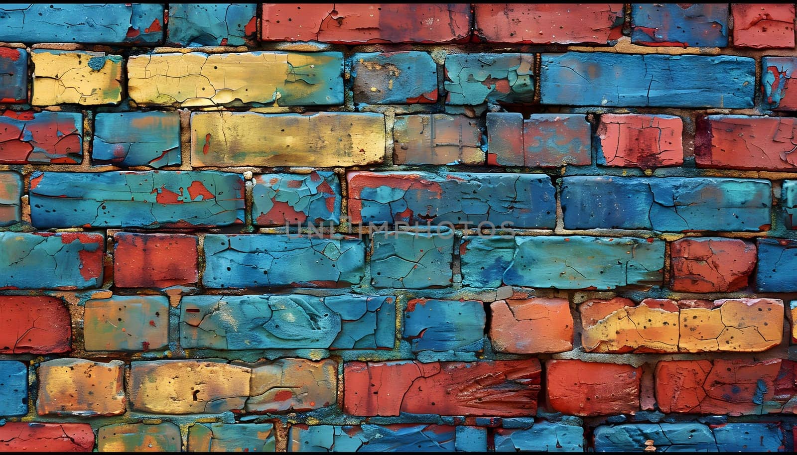 A closeup of a vibrant brown, blue, and colorful brick wall showcasing the intricate brickwork and varying shades of color. The rectangular bricks add depth and character to the building material