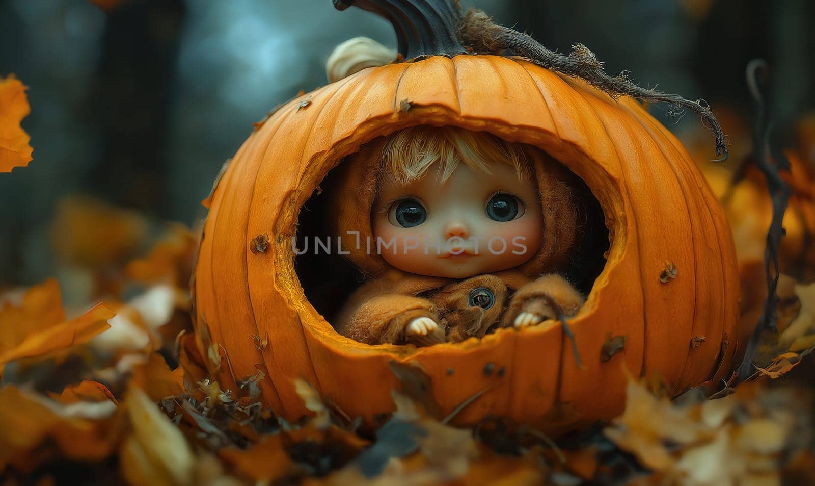 little girl sitting in a carved pumpkin celebrating Halloween. Selective focus.