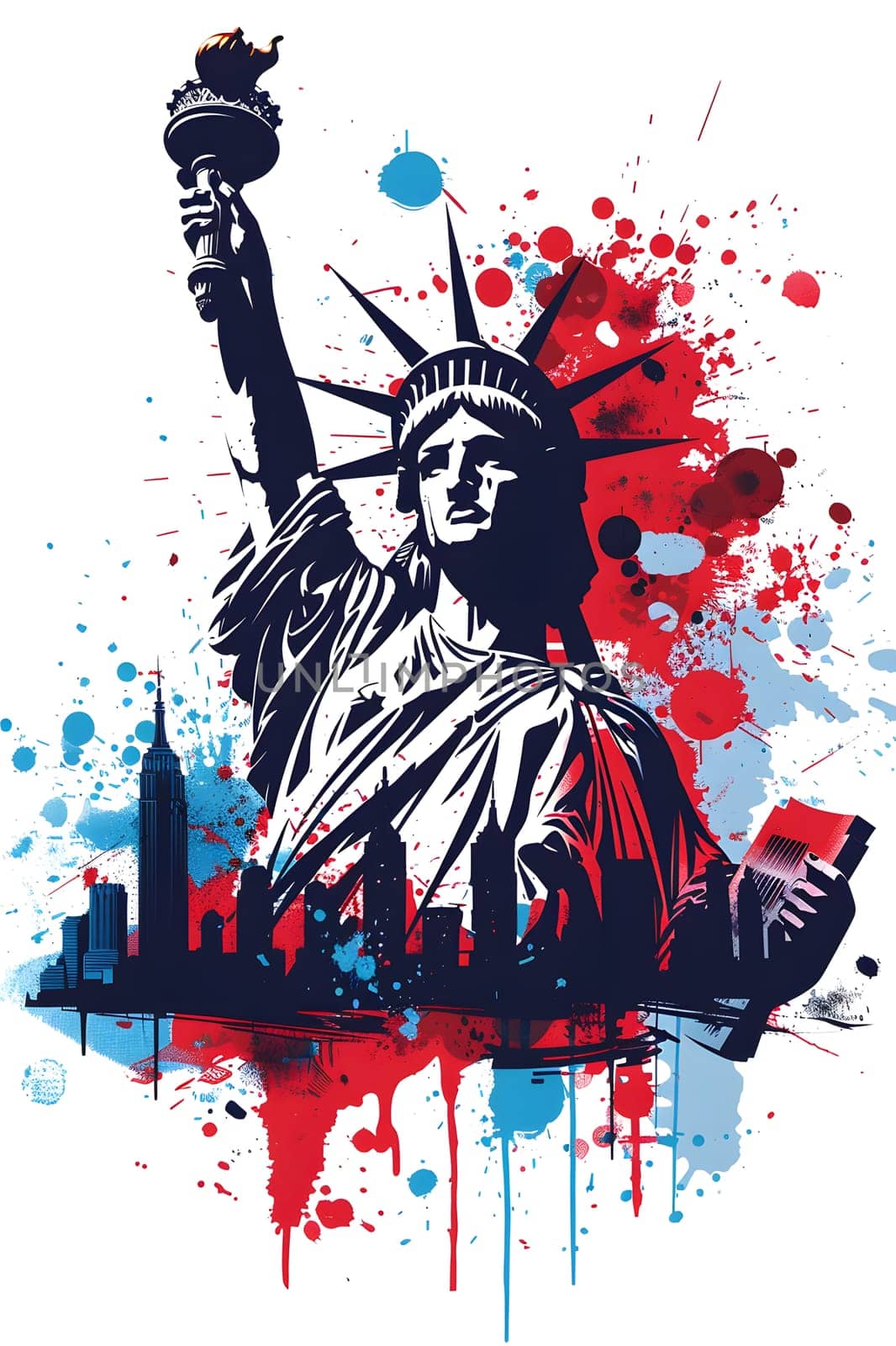 A stunning illustration capturing the Statue of Liberty against a city skyline in the background, created with bold strokes and vibrant colors