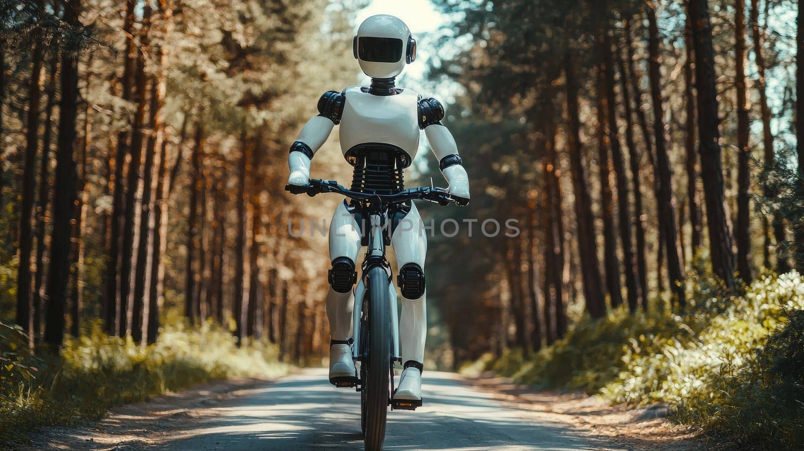 A humanoid robot joyfully rides a bicycle along a scenic forest path, showcasing a blend of technology and nature in a playful outdoor setting.