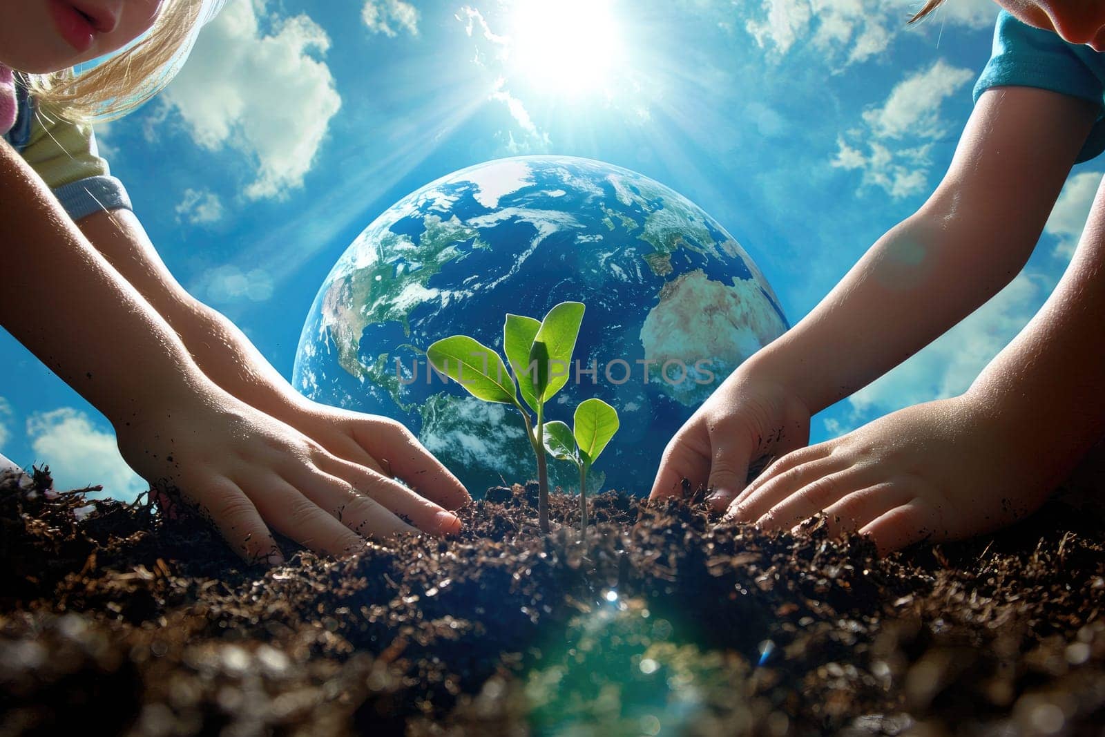 Two children's hands carefully water a small seedling, symbolizing growth and environmental care. The vibrant earth and clear sky indicate a nurturing moment in nature.
