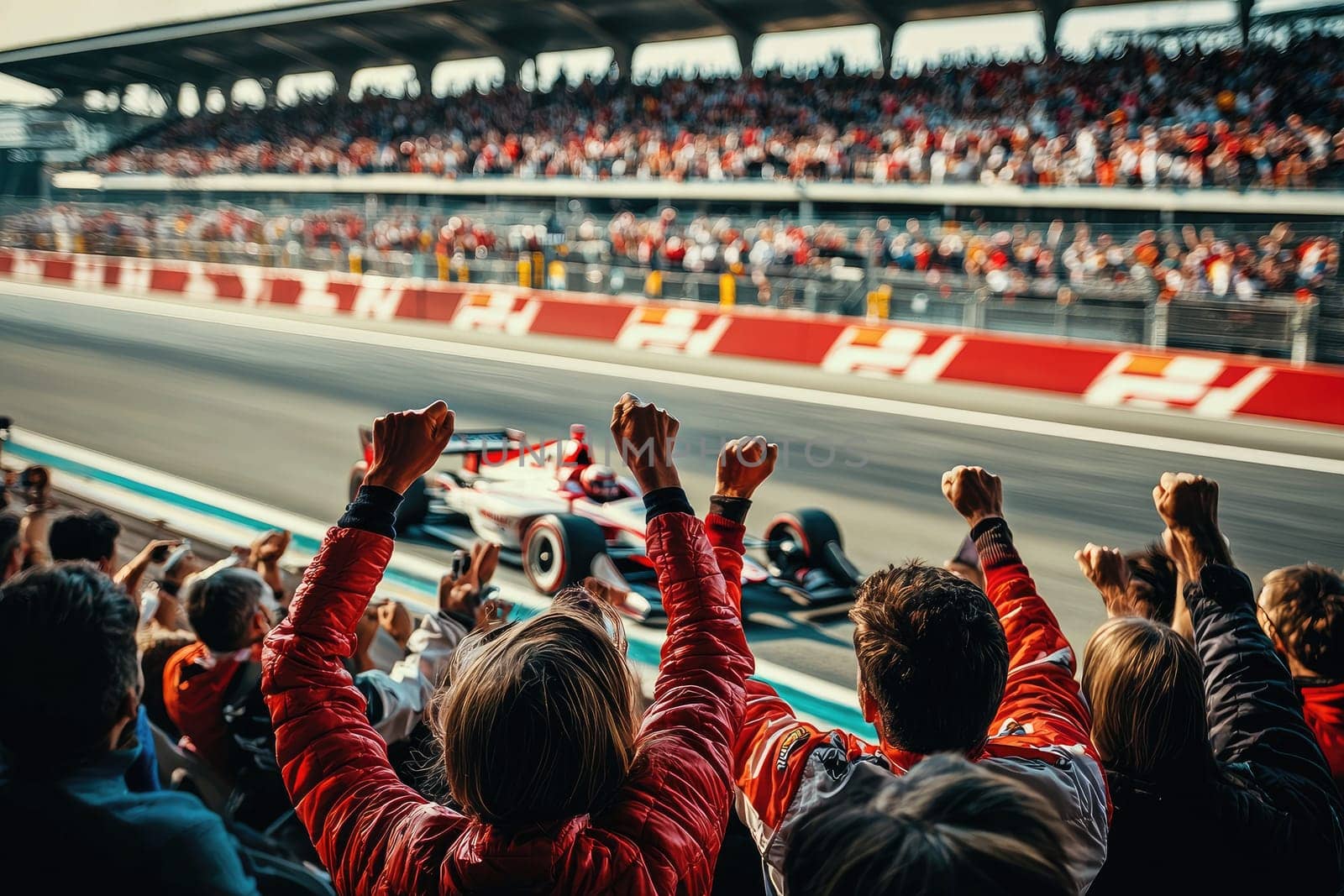 A vibrant scene captures enthusiastic spectators cheering for their favorite racers at a thrilling motorsport event, showcasing excitement and engagement.