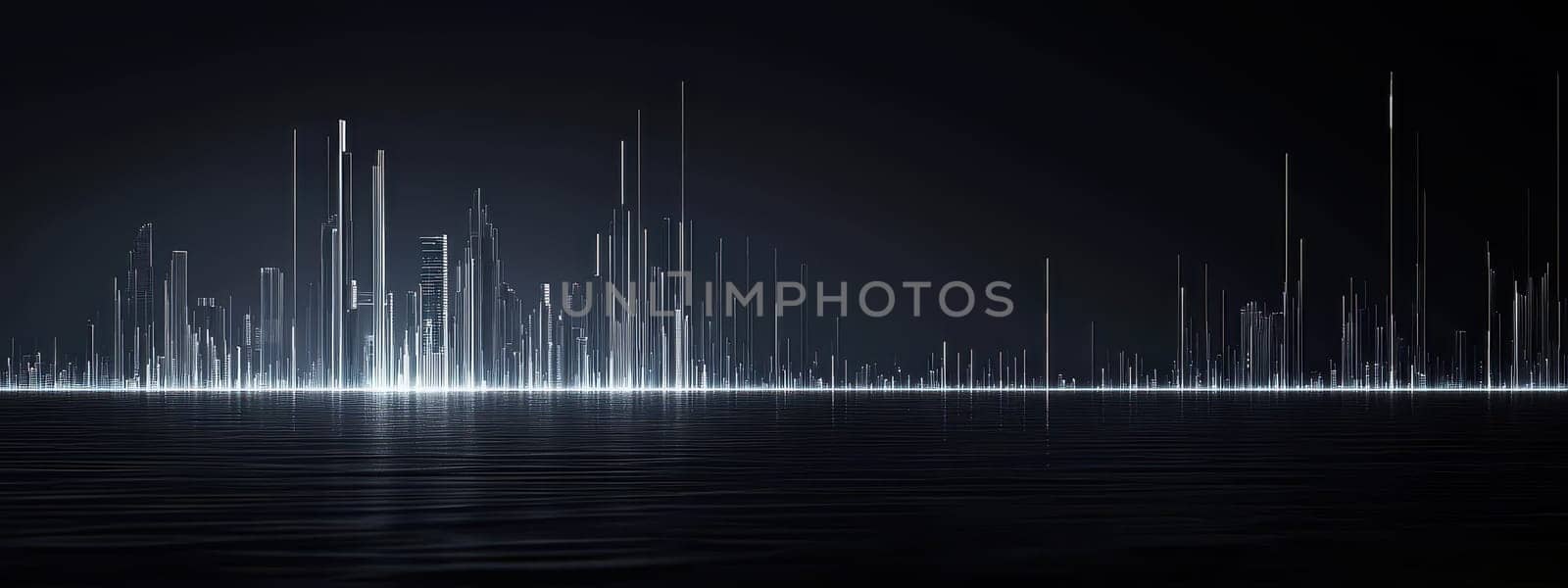 A city skyline is shown in the background of a dark blue water. The city is lit up with a bright white light, creating a contrast between the city and the water