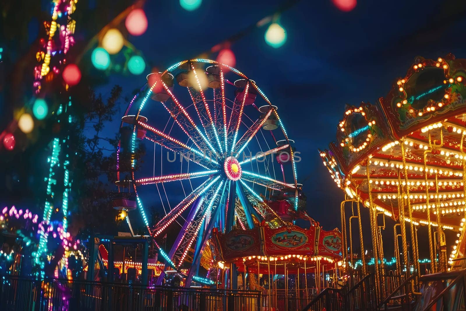 Experience the magic of a colorful amusement park at night, featuring vibrant neon lights illuminating a ferris wheel and carousel amidst a festive atmosphere.
