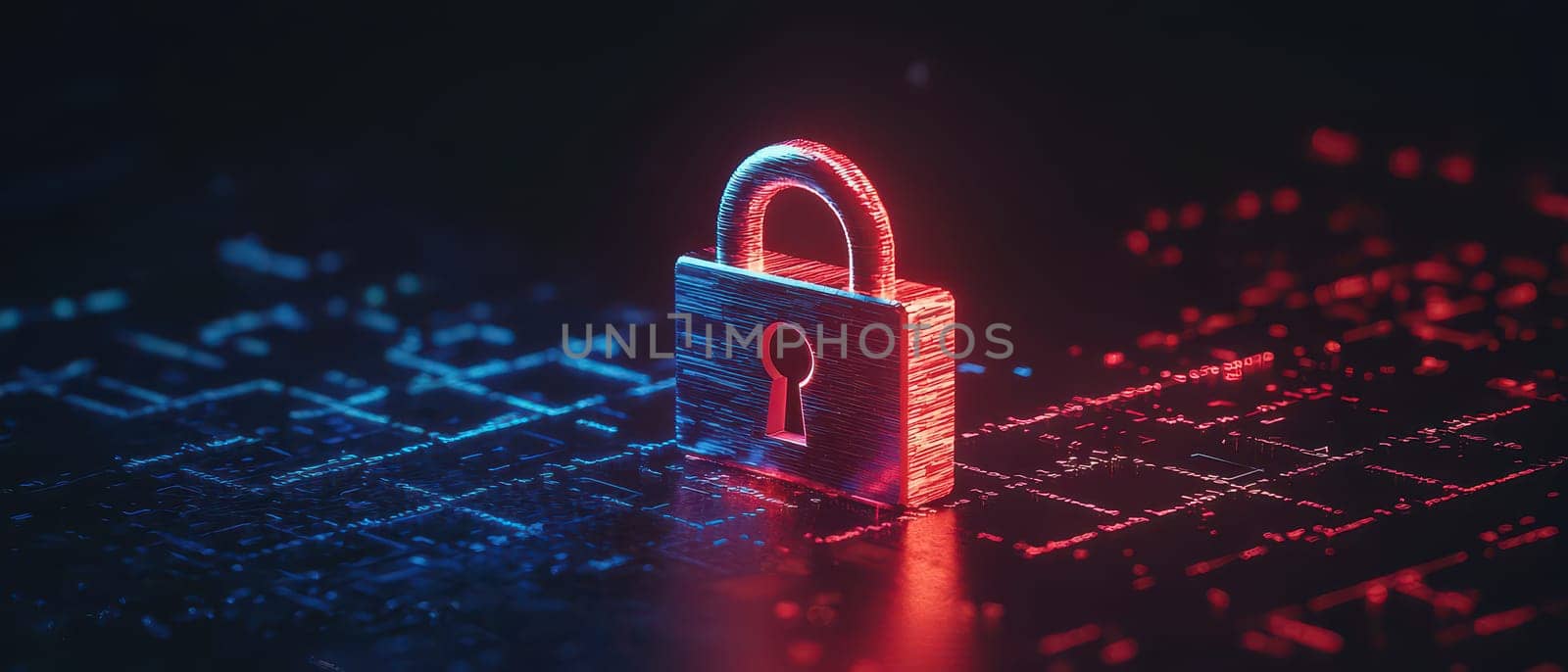 A red and blue image of a lock with a key on a keyboard. Concept of security and protection, as the lock and key are symbols of safeguarding information or valuables