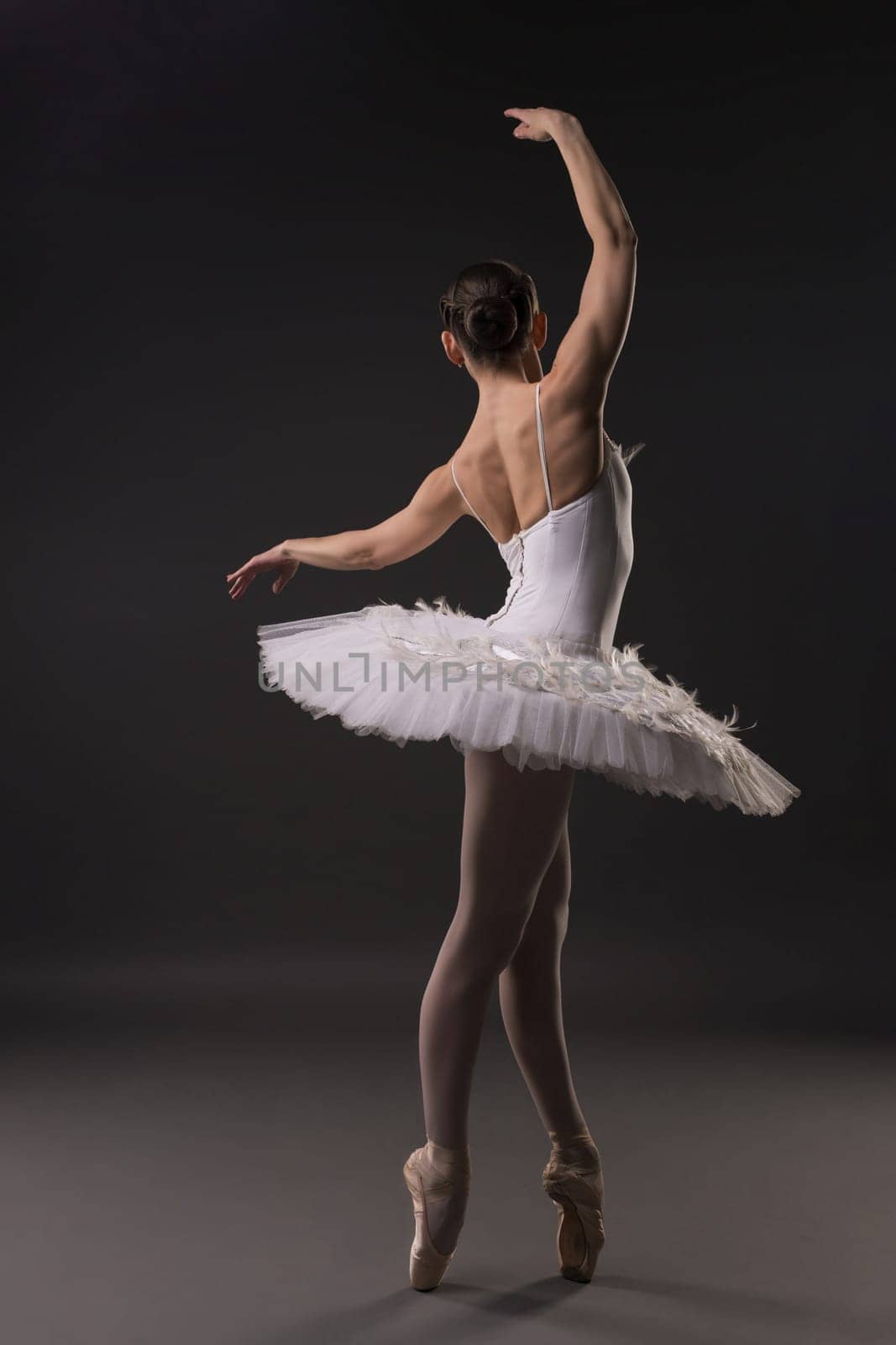 Ballerina in tutu and pointe dancing gracefully in dark room rearview