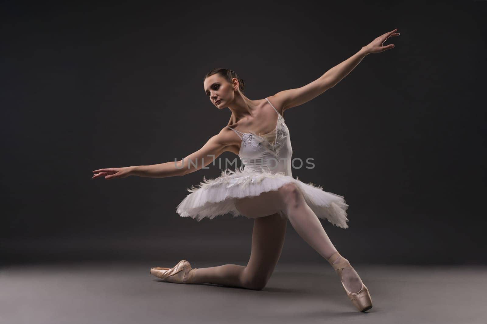 Ballerina in tutu and pointe in a gracefull pose in dark room full-length view