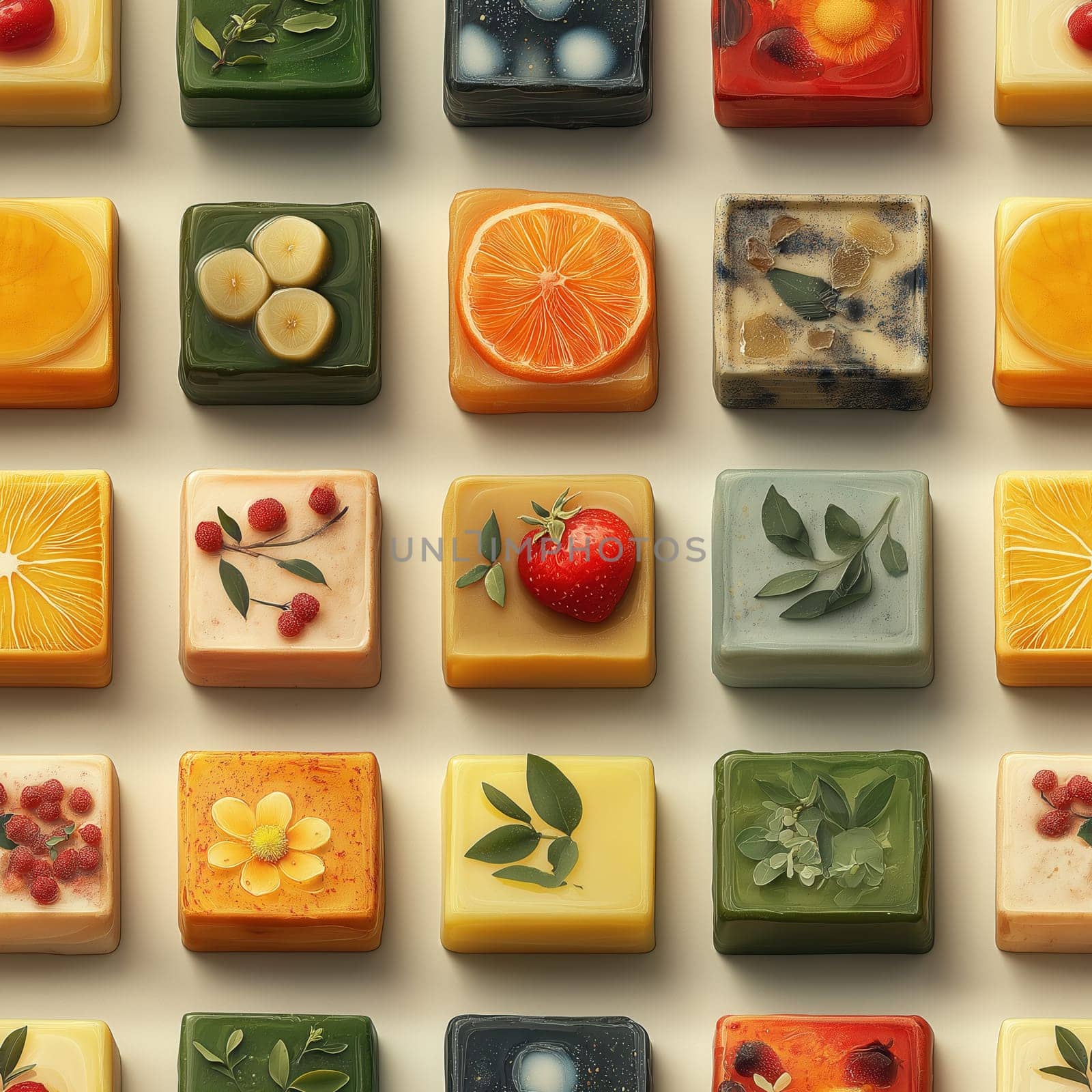 Seamless pattern, illustration with an assortment of soaps. Selective focus.