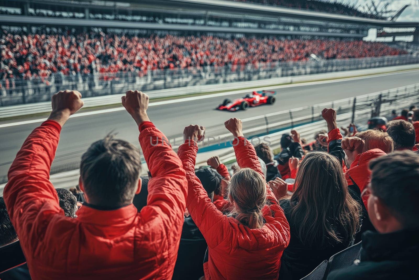 A dynamic scene of enthusiastic spectators cheering passionately for their favorite racers during an exhilarating motorsport event at a packed stadium.