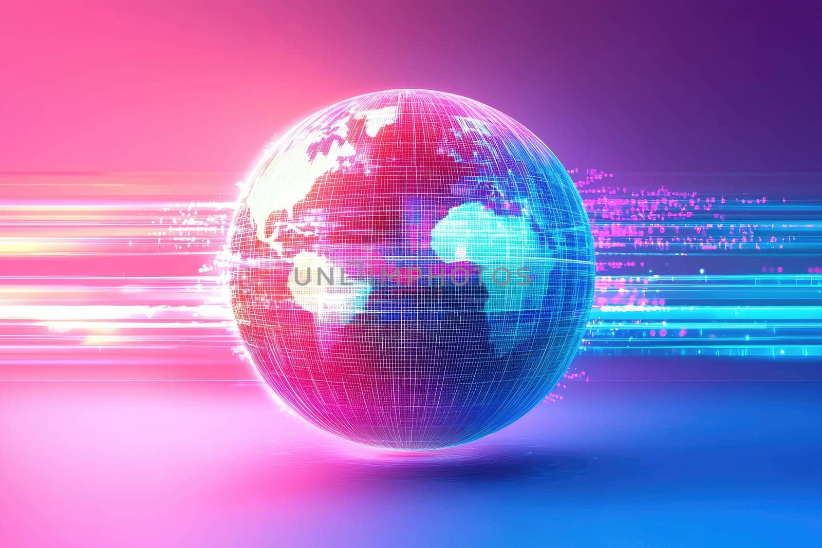 Abstract globe design featuring glowing lines on a vibrant pink and blue background. Perfect for technology, travel, and modern art themes.
