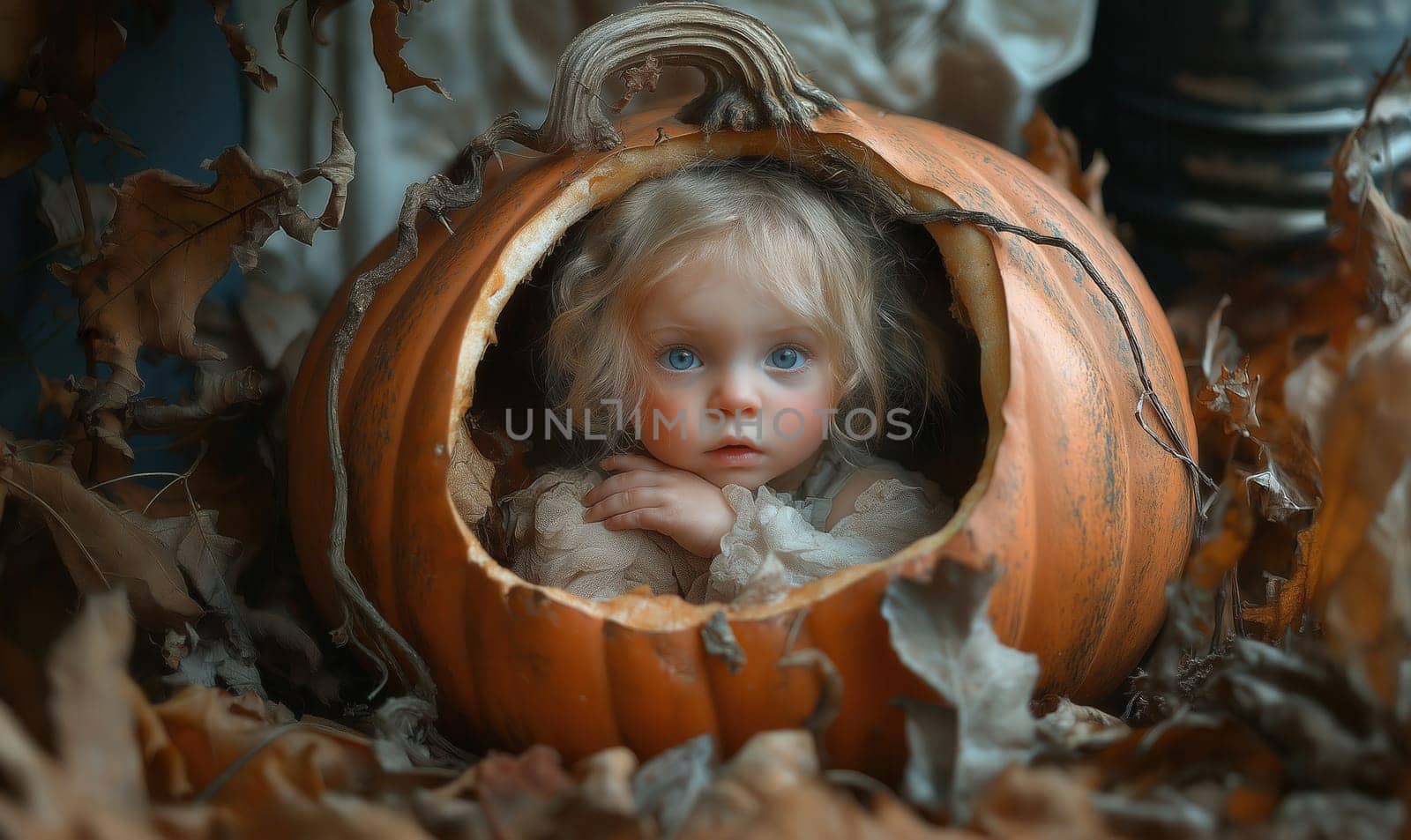 little girl sitting in a carved pumpkin celebrating Halloween. Selective focus.