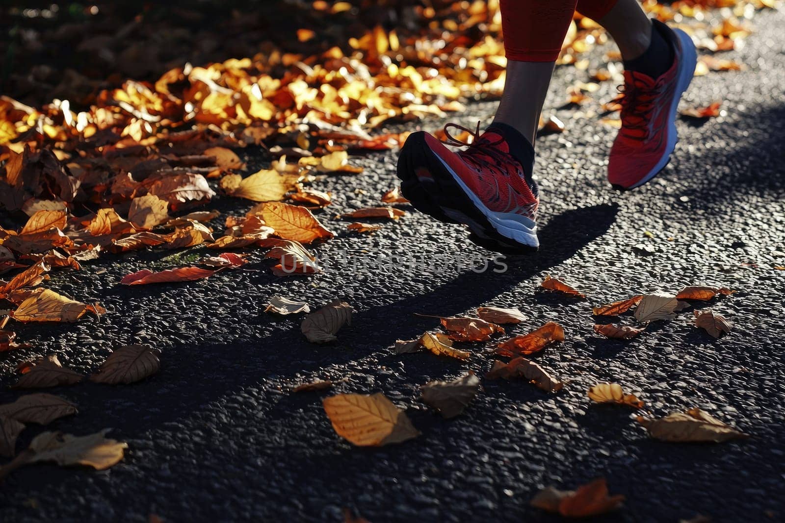 Runners feet pound the pavement amidst a vibrant blanket of autumn leaves, creating a dynamic scene of motion and energy in an outdoor setting.