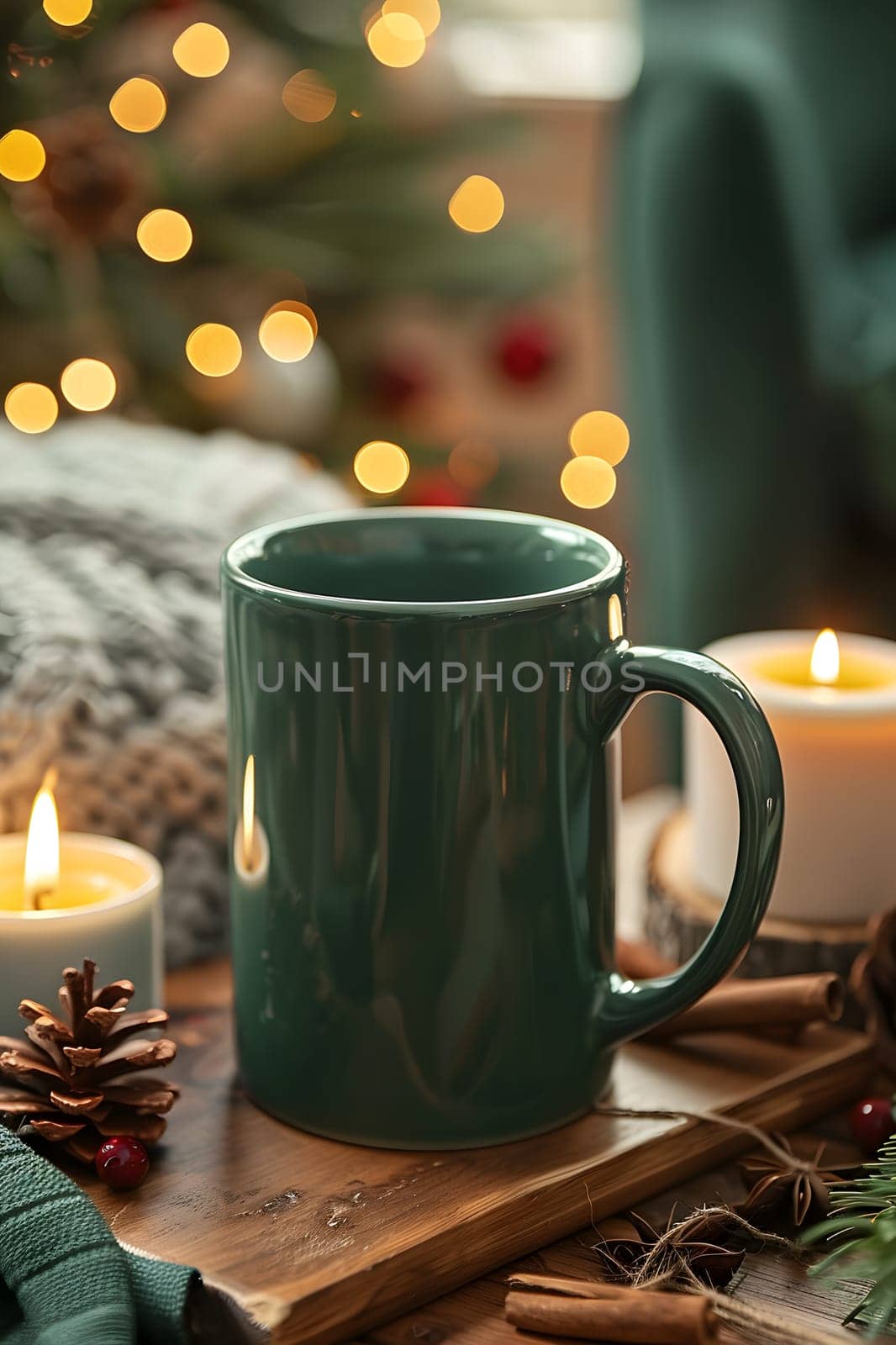 A green coffee cup is placed on a wooden table beside candles, creating a cozy atmosphere with a touch of elegance