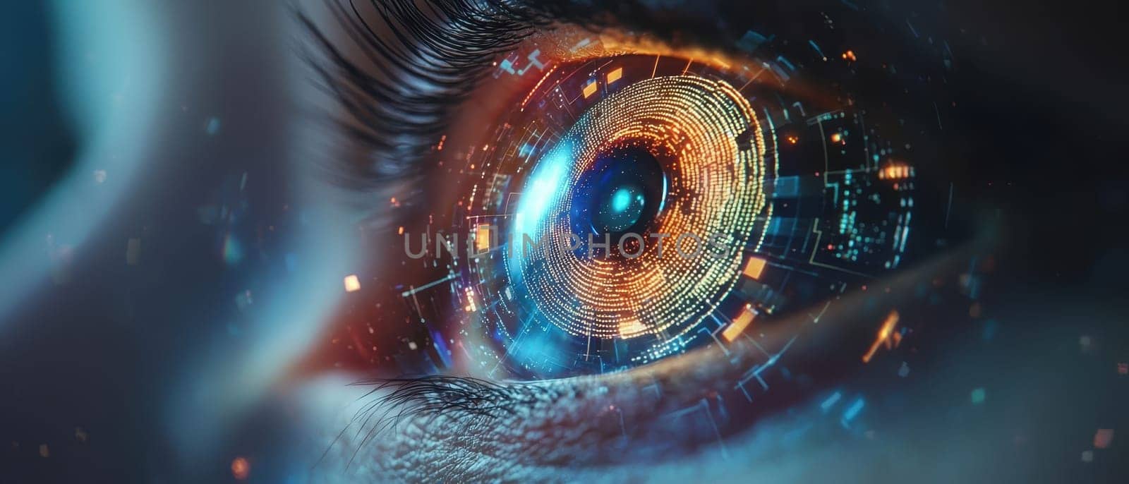 A close up of a person's eye with a blue and orange circle in the center. The eye is surrounded by a blurry, colorful background. Concept of wonder and curiosity