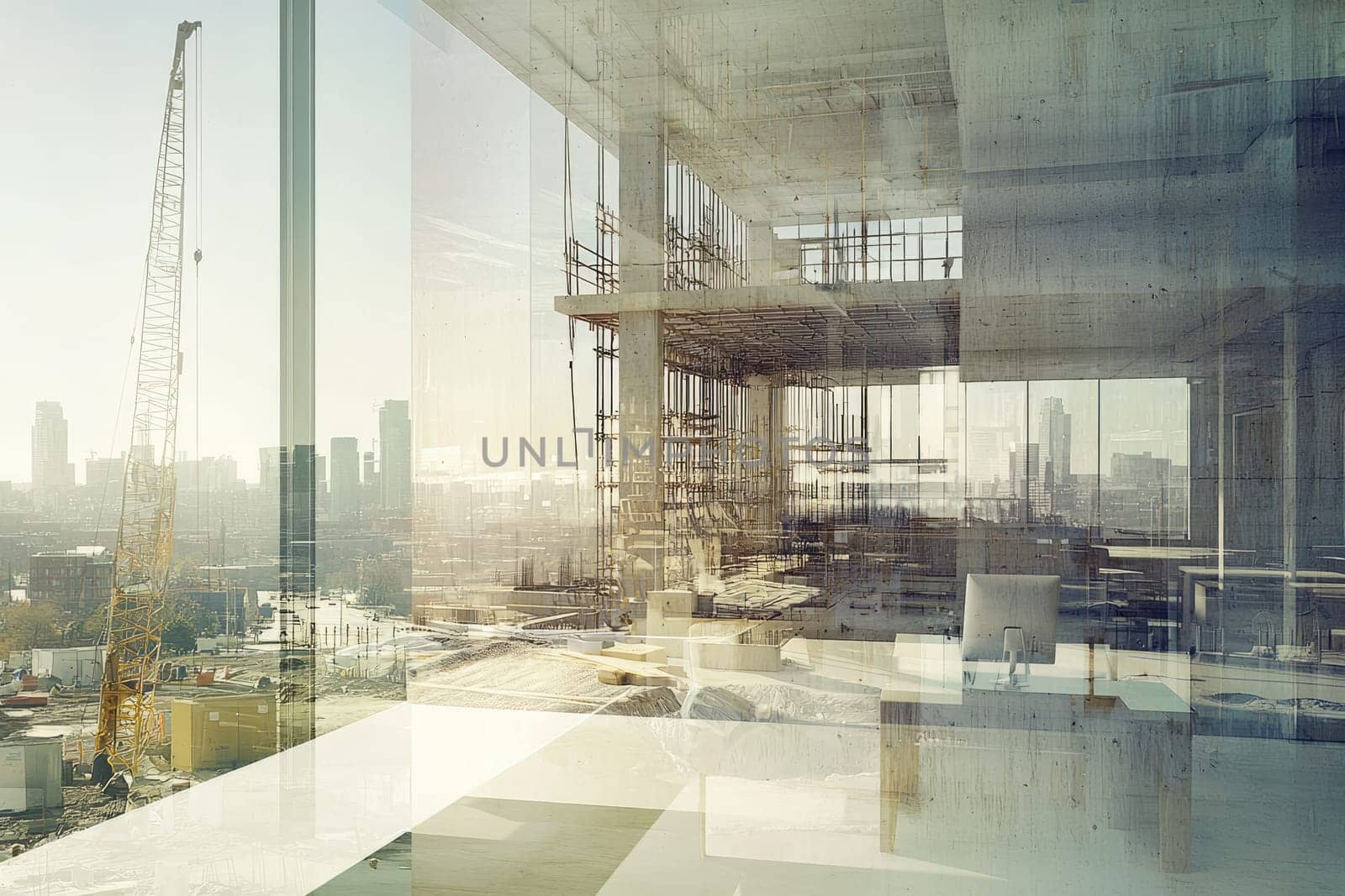 A modern minimalist office interior featuring large windows and a stunning city view. The design emphasizes spaciousness, clean lines, and natural light, creating an inspiring workspace.