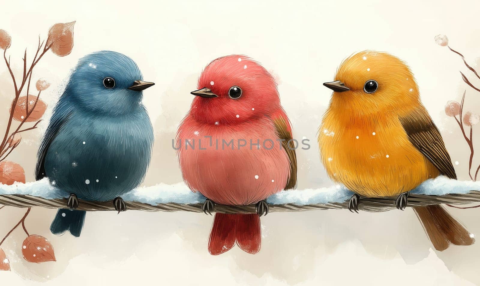 Illustration frozen colorful birds sitting on a wire on a winter day. Selective focus.