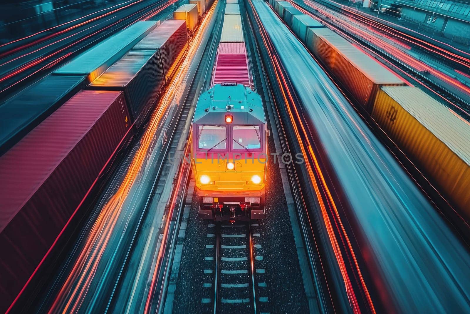 A vibrant high-speed freight train rushes through an intermodal terminal, showcasing efficient logistics and dynamic movement of cargo containers at night.