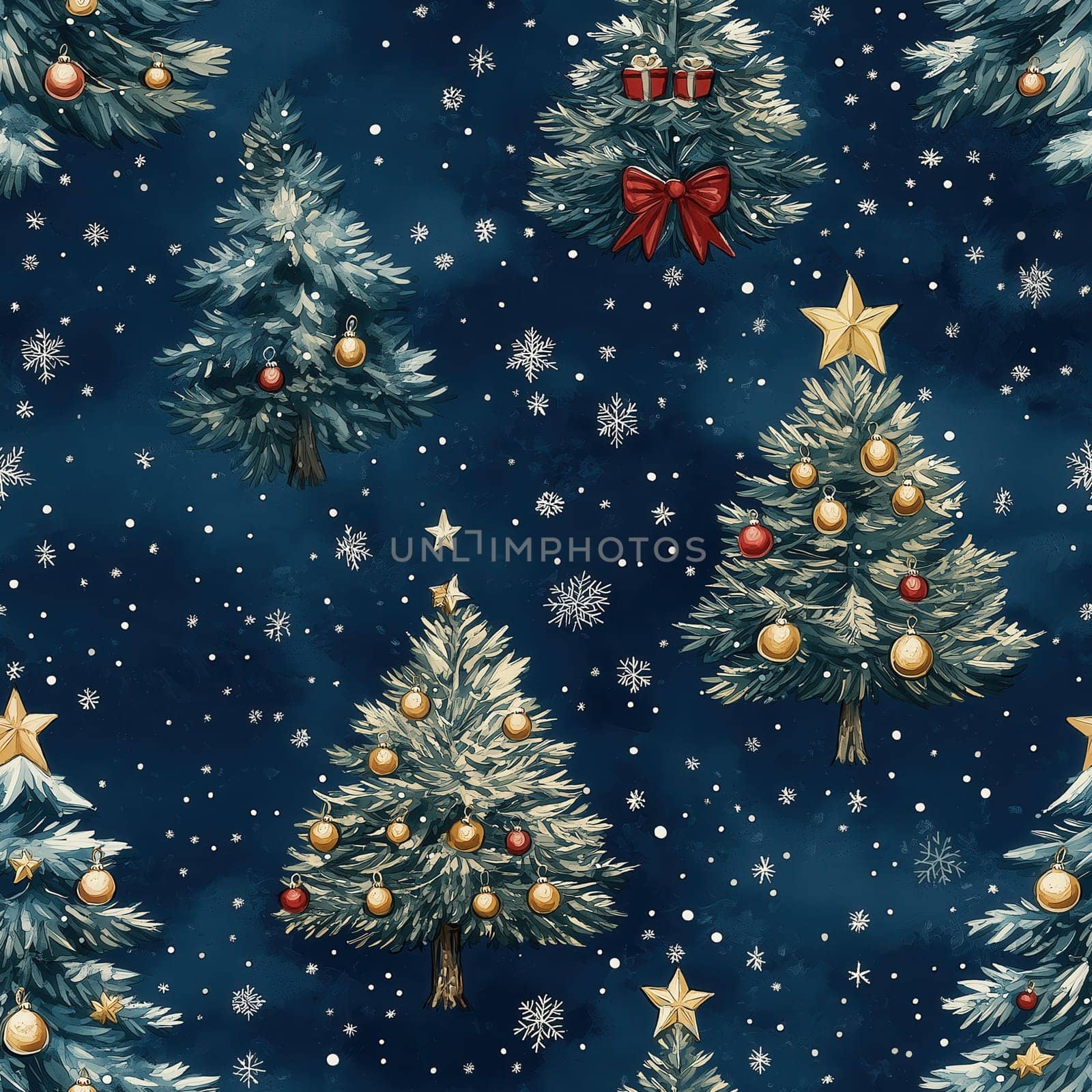 Seamless pattern, illustration with a Christmas tree and gifts on a blue background. Selective focus.