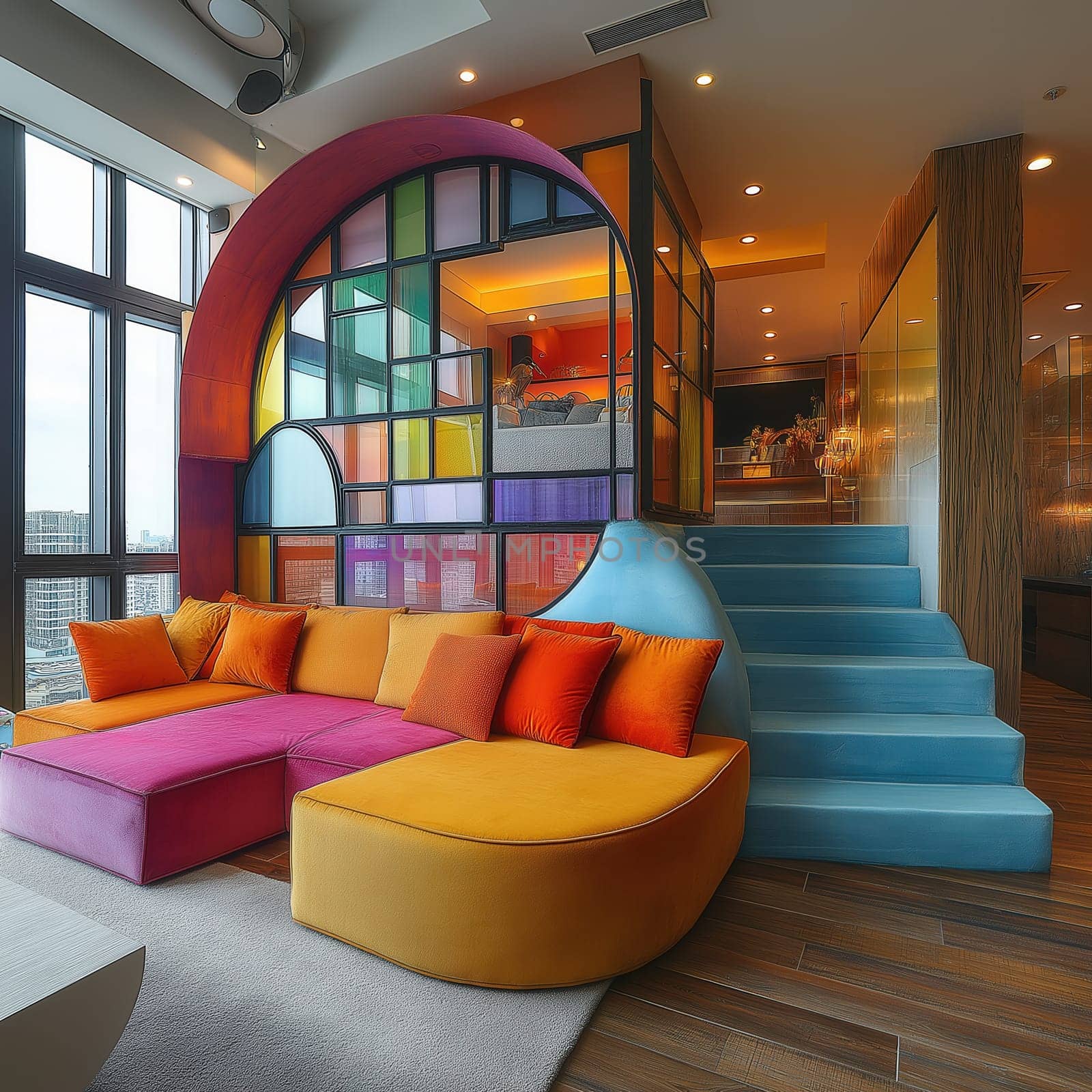 Modern interior design, colorful multi-level apartment with furniture. Selective focus.