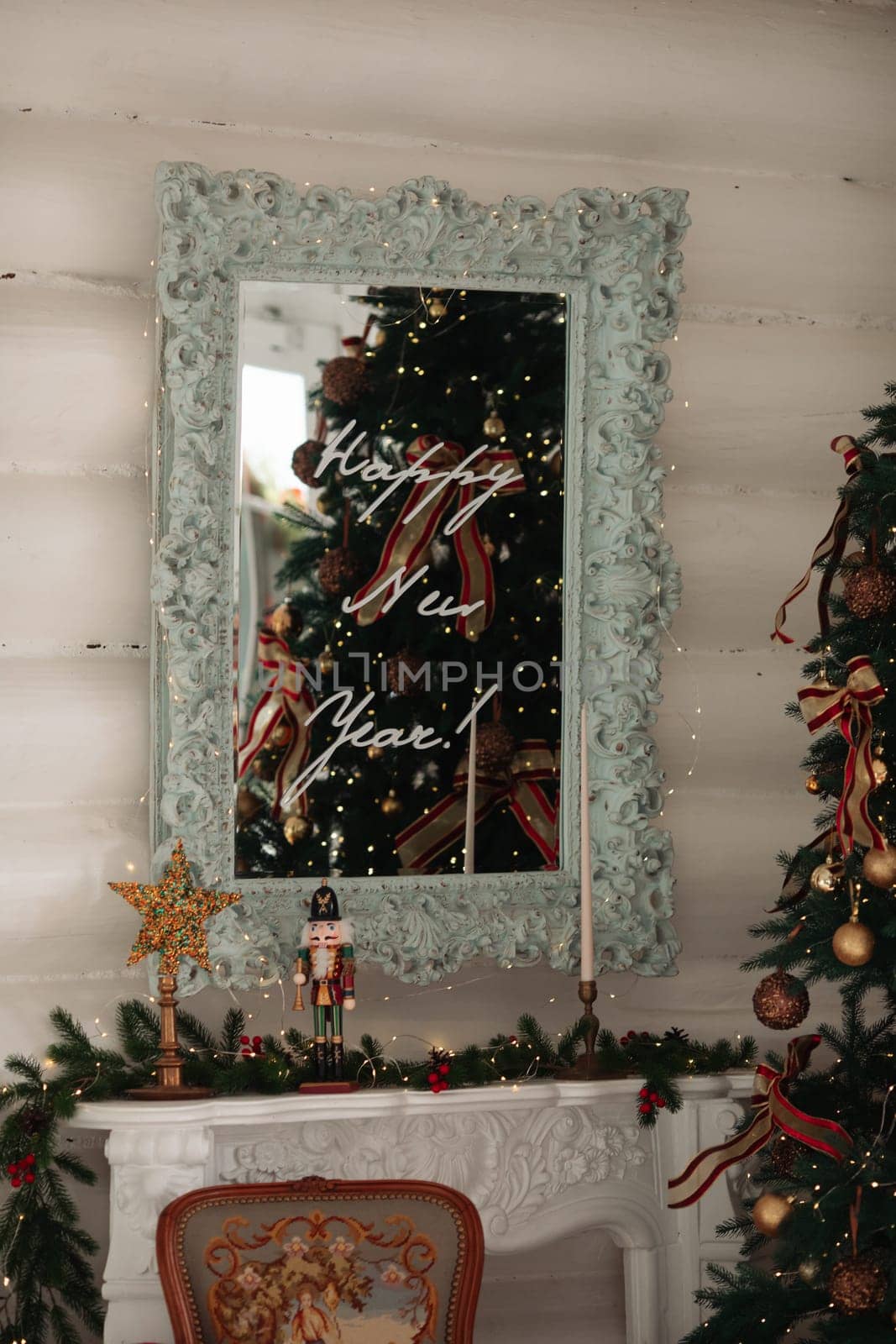 Beautiful Christmas decor. Decorating a room on a holiday. Stylish details.