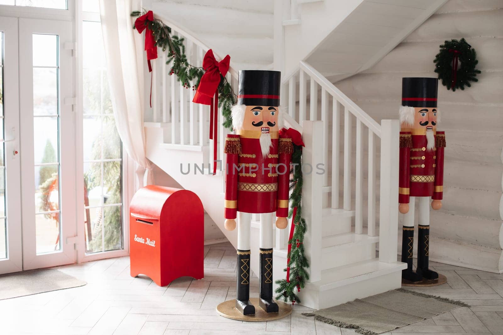 Stylish nutcracker Christmas interior, beautiful decor in the house.
