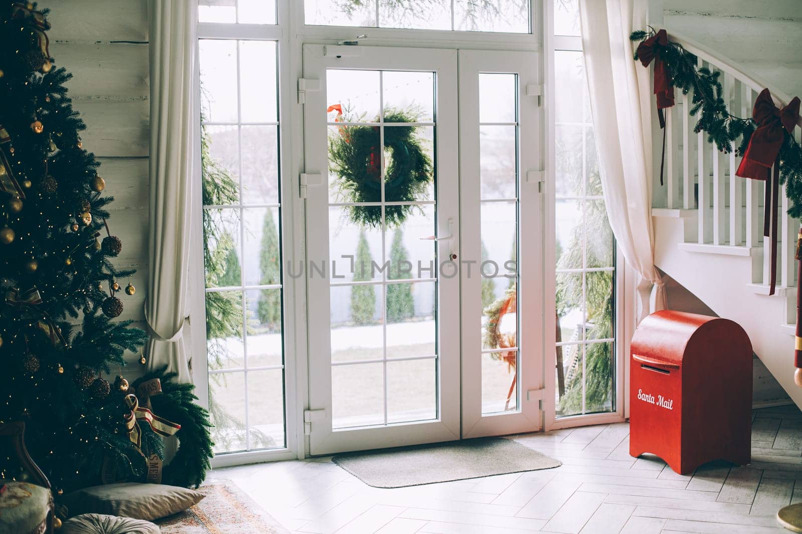 Stylish Christmas tree, New Year's interior, beautiful decor in the house.