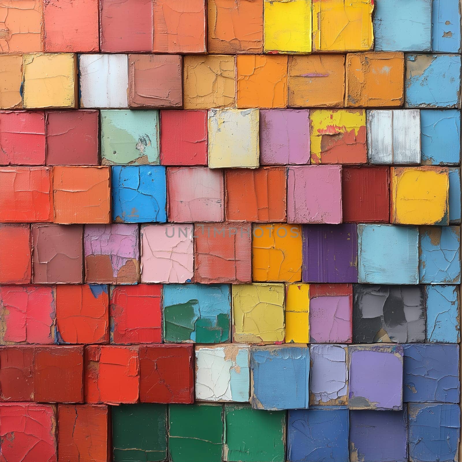 Textured abstract painting from colored rectangles. Selective focus.