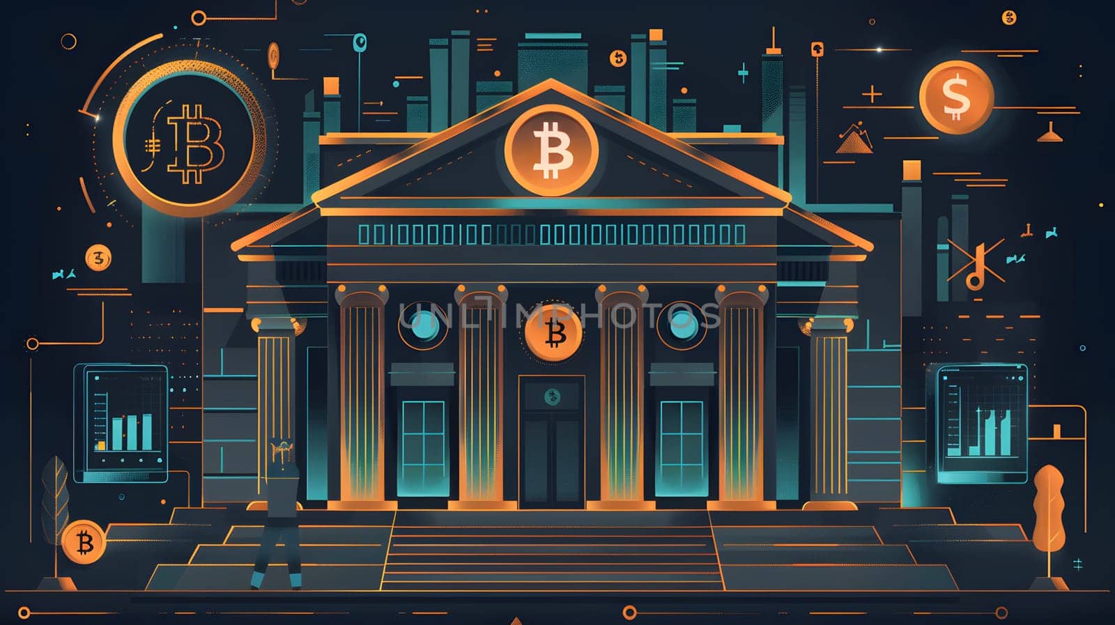 An illustration of a bank building in a metropolitan area with the bitcoin symbol on its facade. The windows are lit up with electricity at midnight, creating a striking landmark
