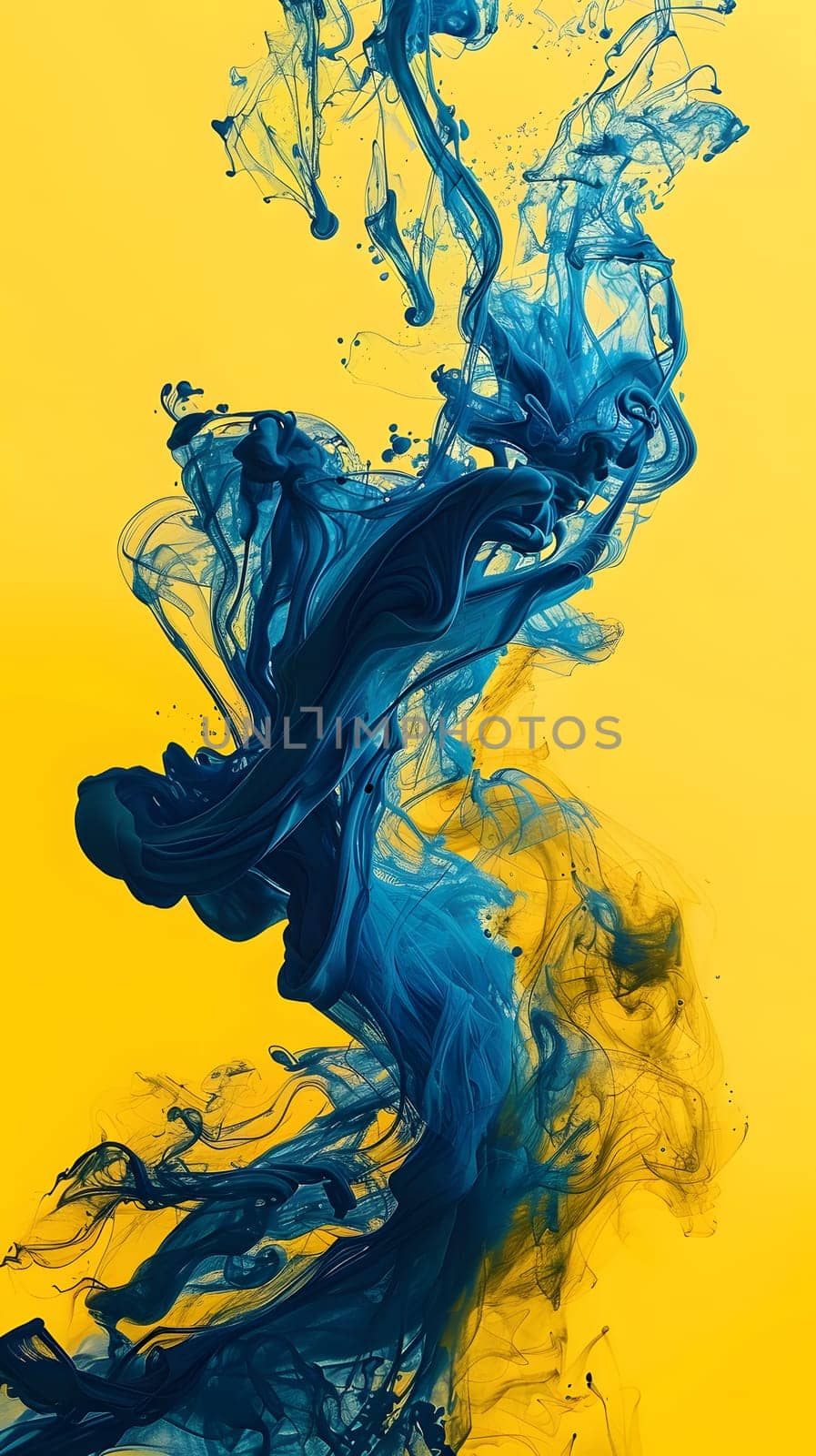 A vibrant electric blue and yellow ink splash on a sunny yellow background creating a dynamic and eyecatching visual arts piece. The liquid paint adds a unique texture to the painting