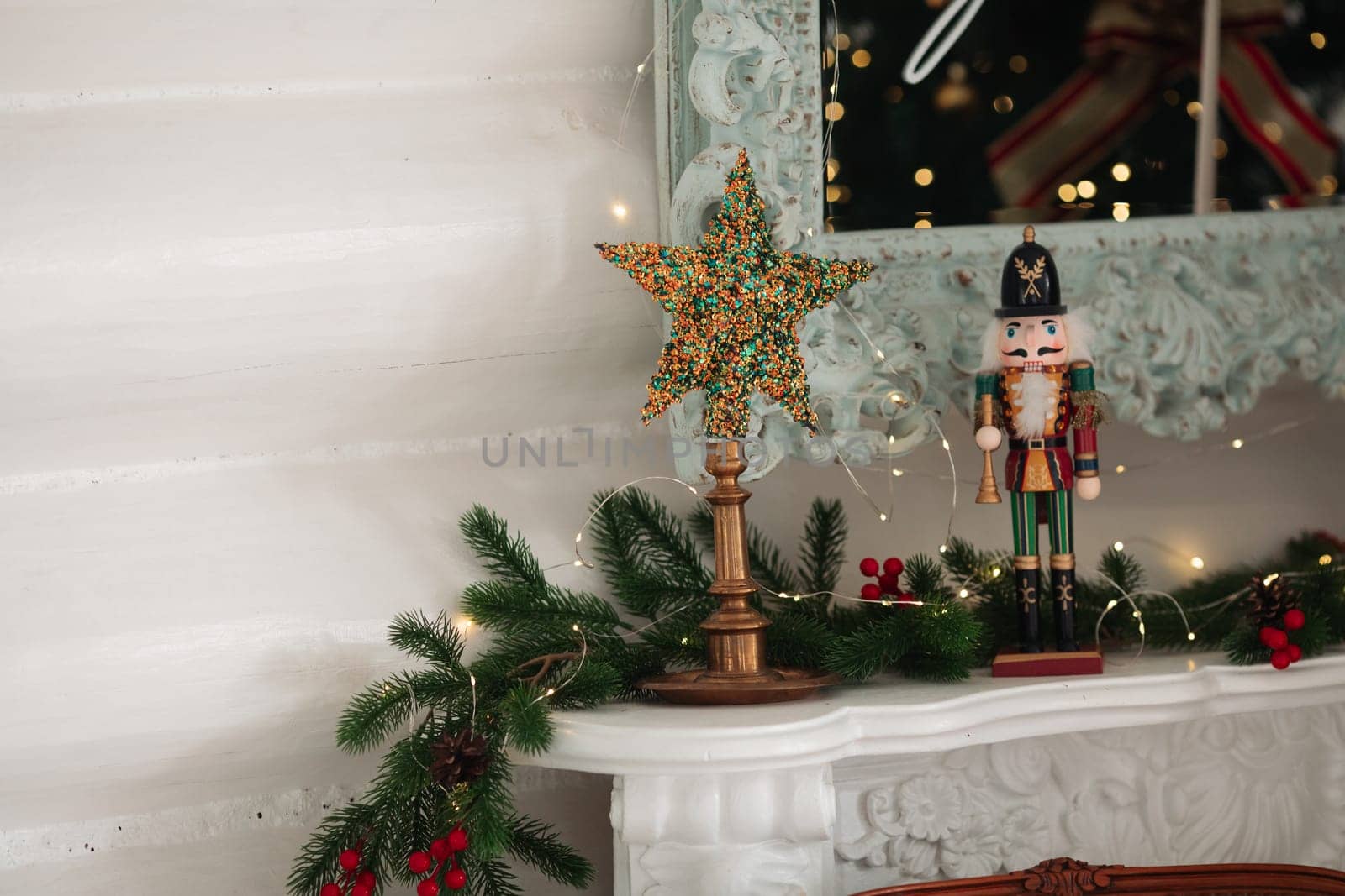 Stylish Christmas tree, New Year's interior, beautiful decor in the house.