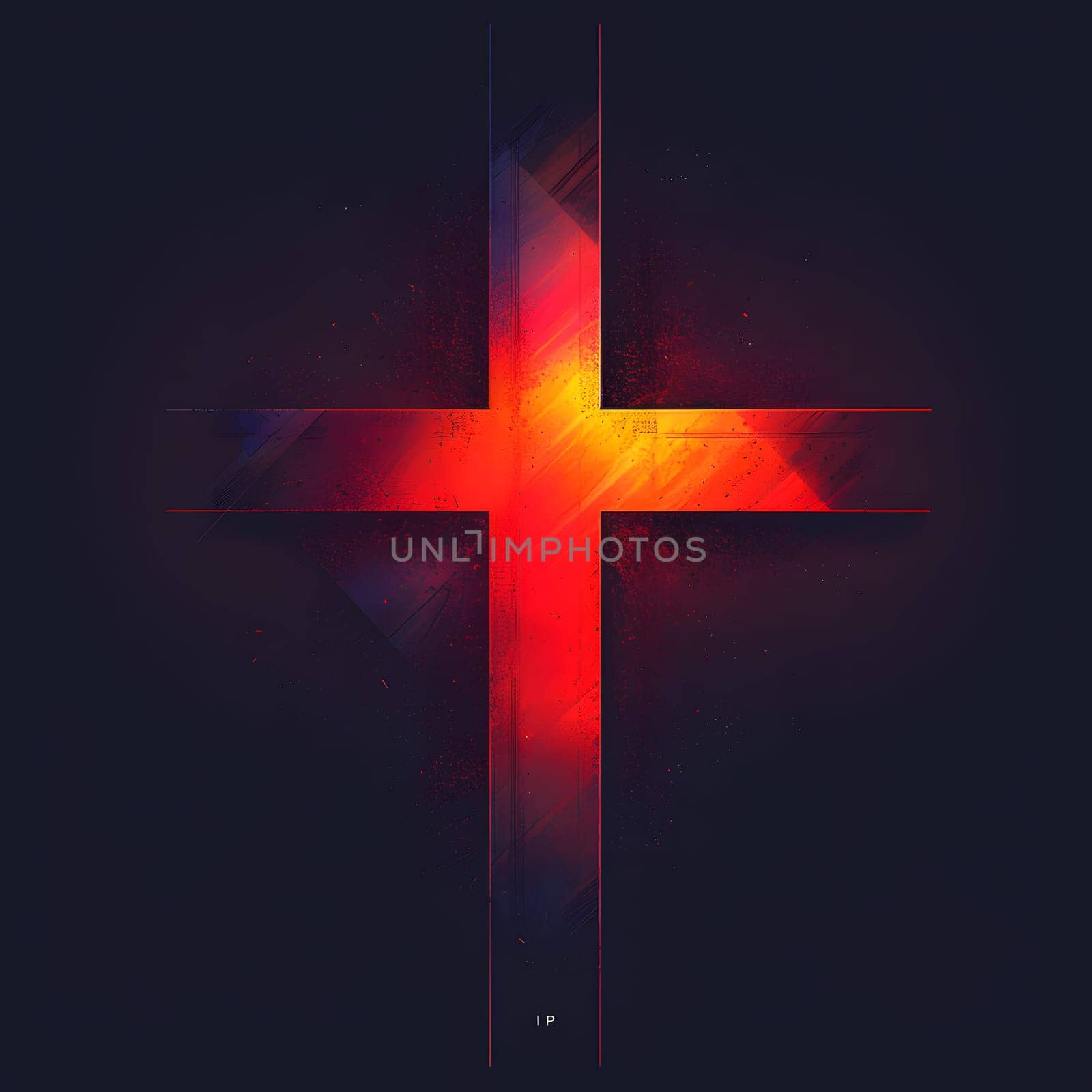 An abstract glowing cross featuring colorful light set against a dark background