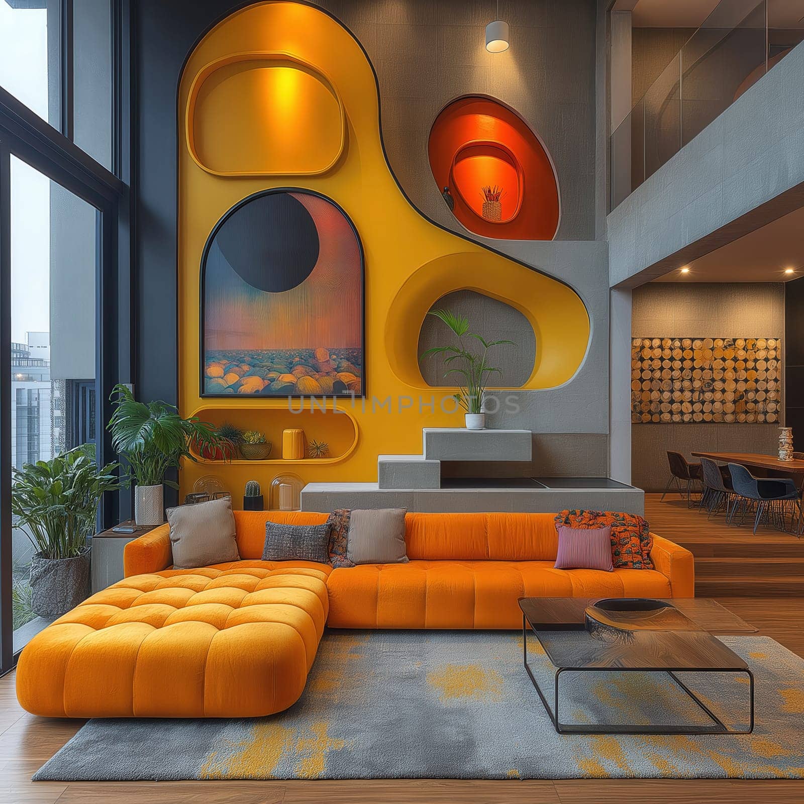 Modern interior design, colorful multi-level apartment with furniture. Selective focus.