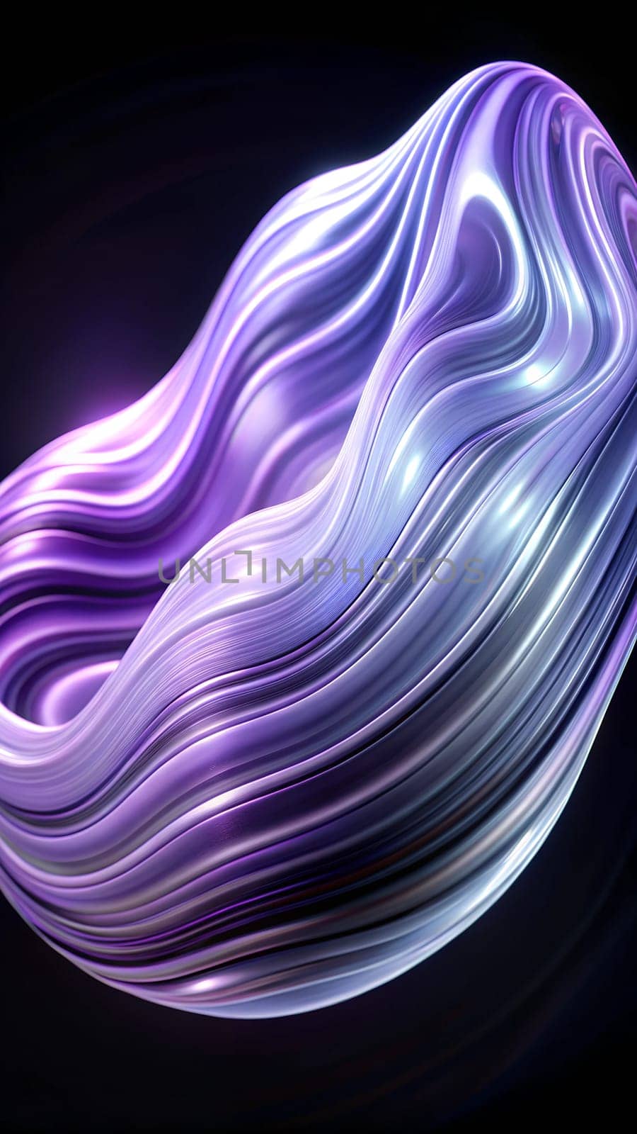 Luminous waves in shades of purple and silver twist and flow gracefully, illuminated from within. The design creates a captivating interplay of light and color set against a dark backdrop.