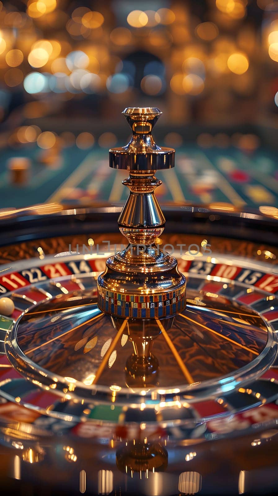 Close-up view of a spinning roulette wheel in a casino with bokeh lights in background.