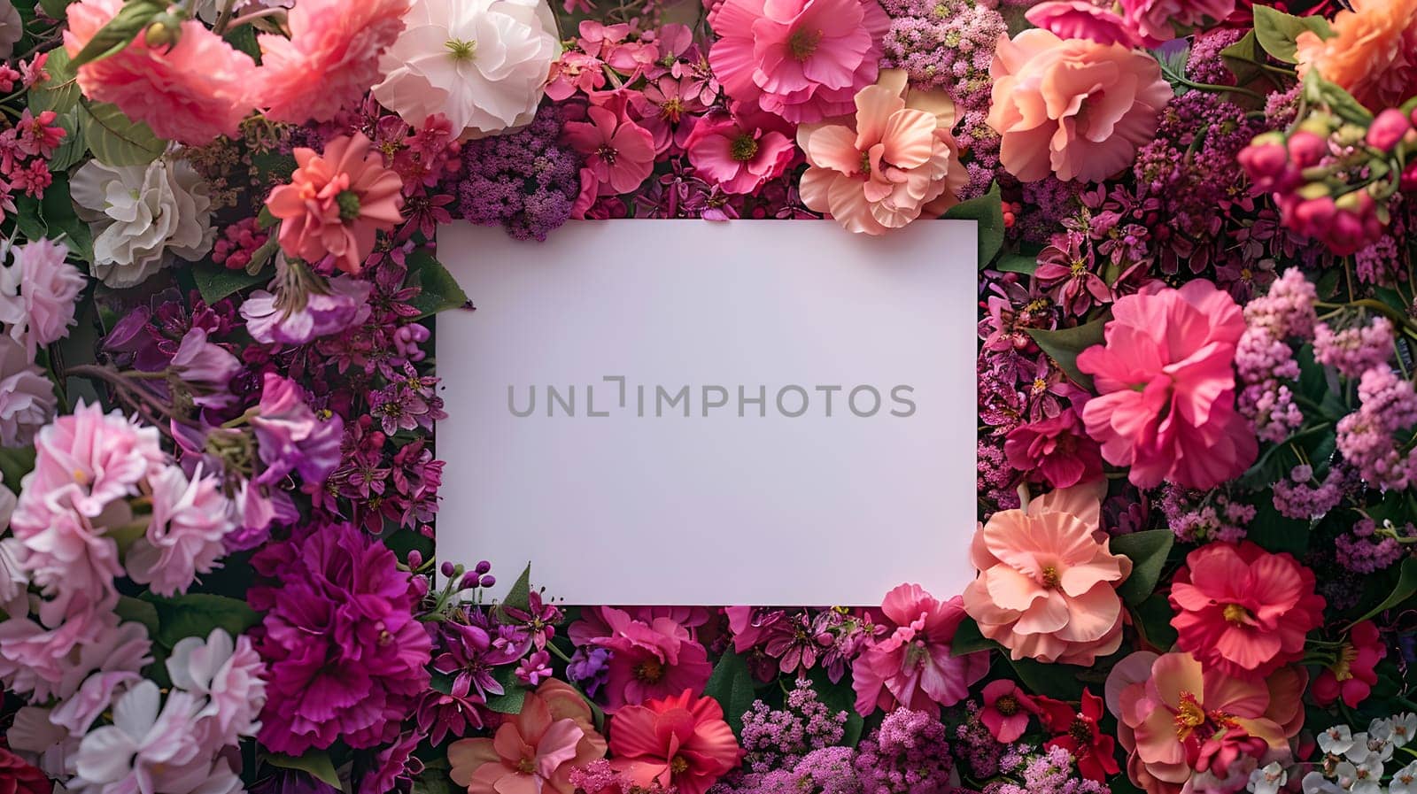A white card is adorned with a colorful arrangement of pink and purple flowers, creating a beautiful display of creative arts and vibrant petals