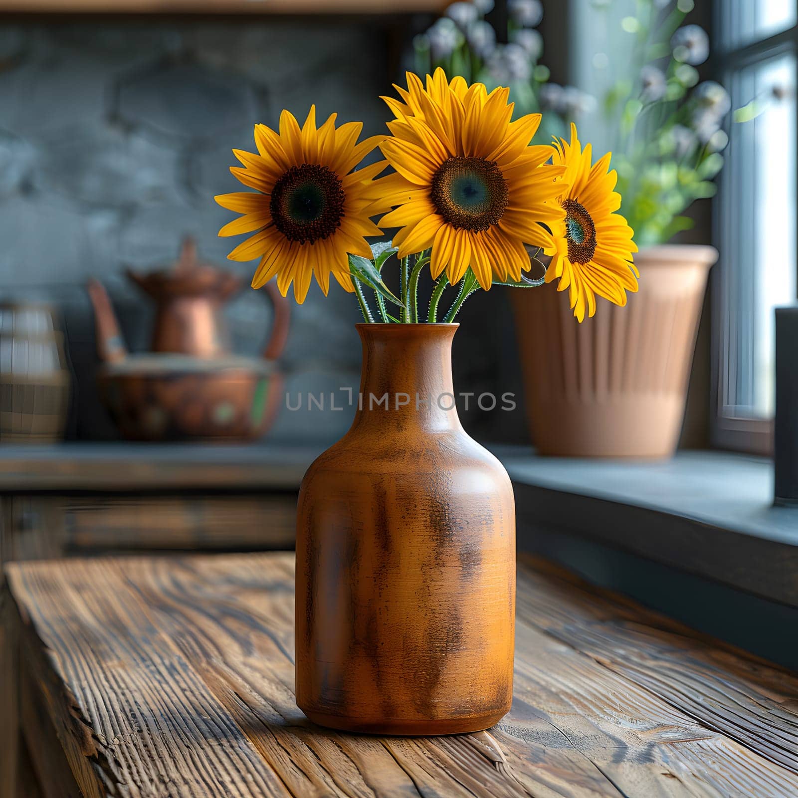 Bright sunflowers in a weathered vase on a rustic wooden table in a cozy kitchen.