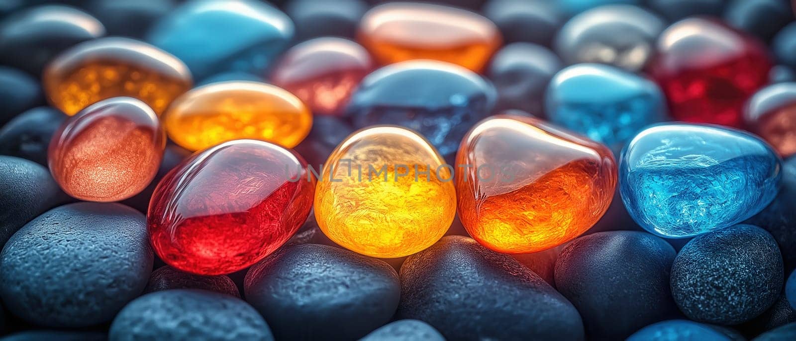 Texture background of colored glass pebbles. Selective focus.