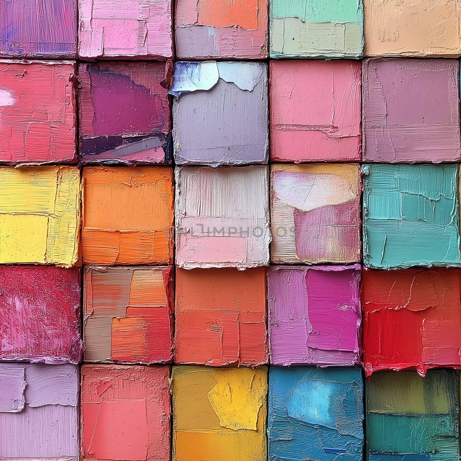 Textured abstract painting from colored rectangles. Selective focus.