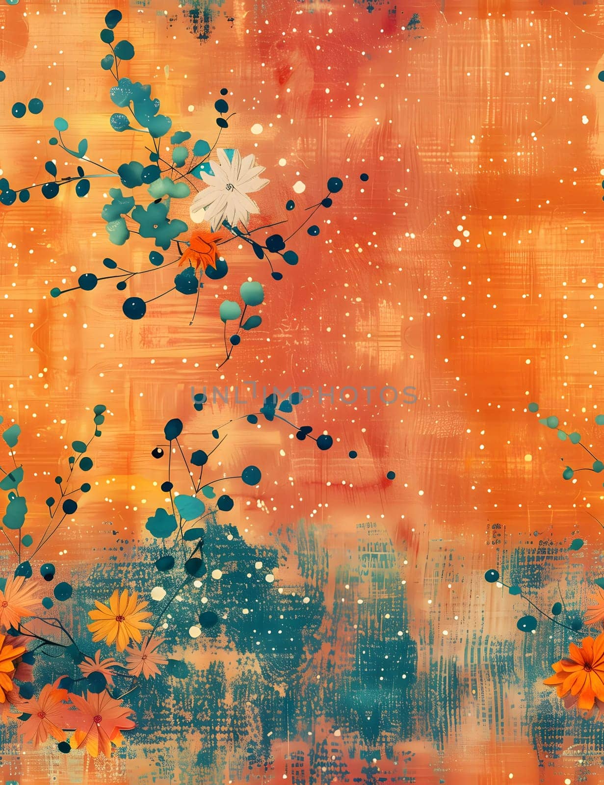 Bright abstract floral background with orange and blue watercolor textures.