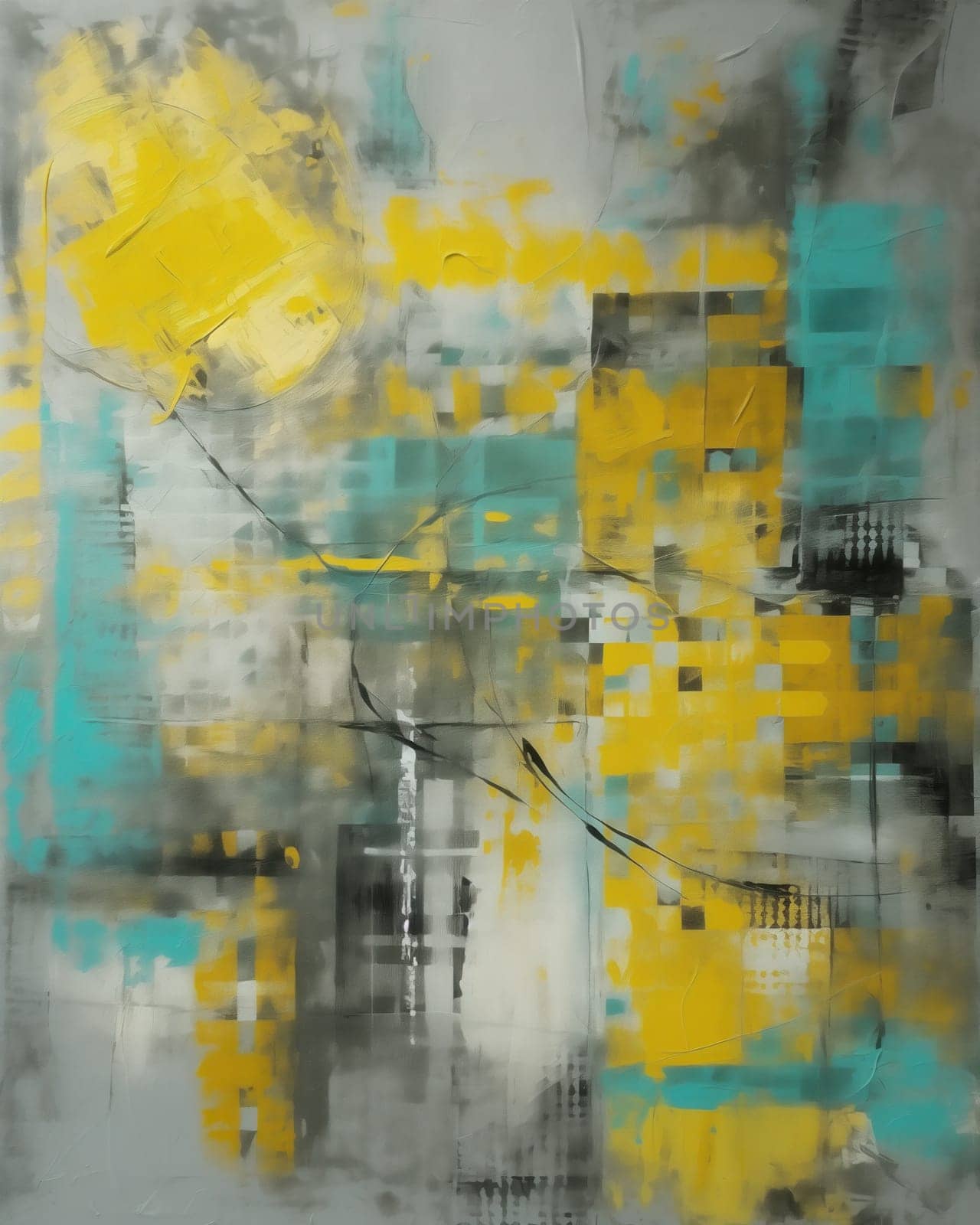 Abstract background in a combination of yellow, turquoise, white, gray tones. Selective focus.