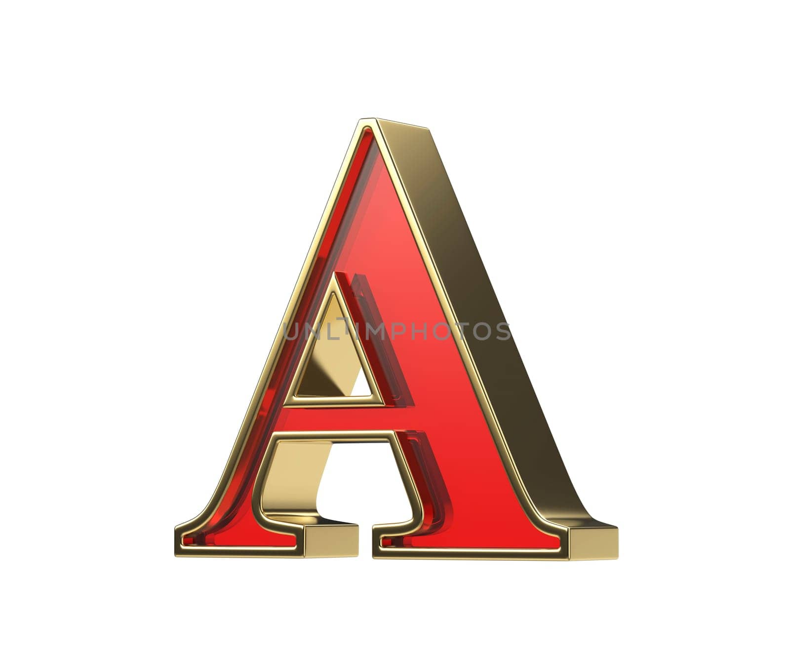 Red glass letter A with a shiny golden frame, isolated on a white background