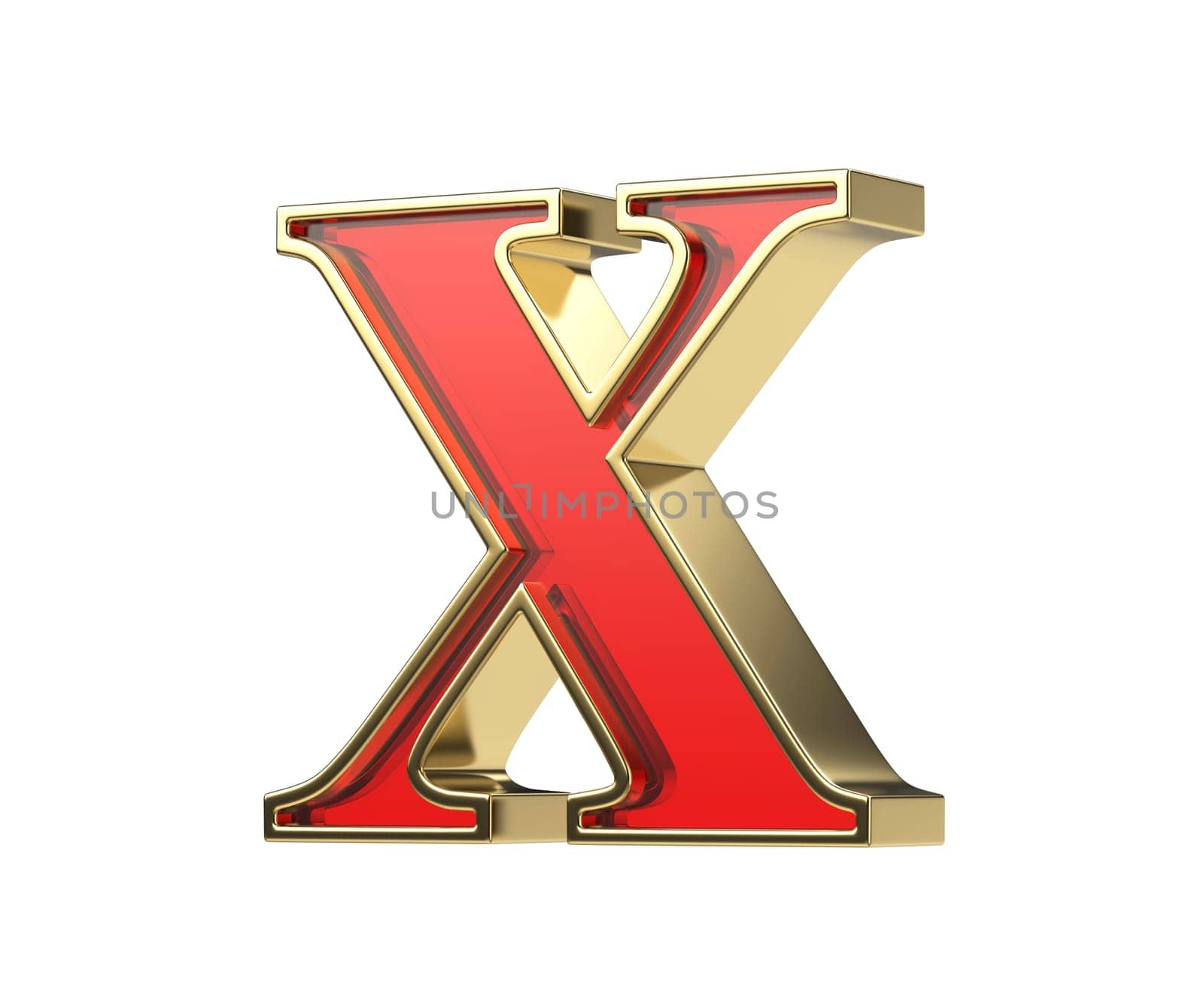 Red glass letter X with a shiny golden frame, isolated on a white background