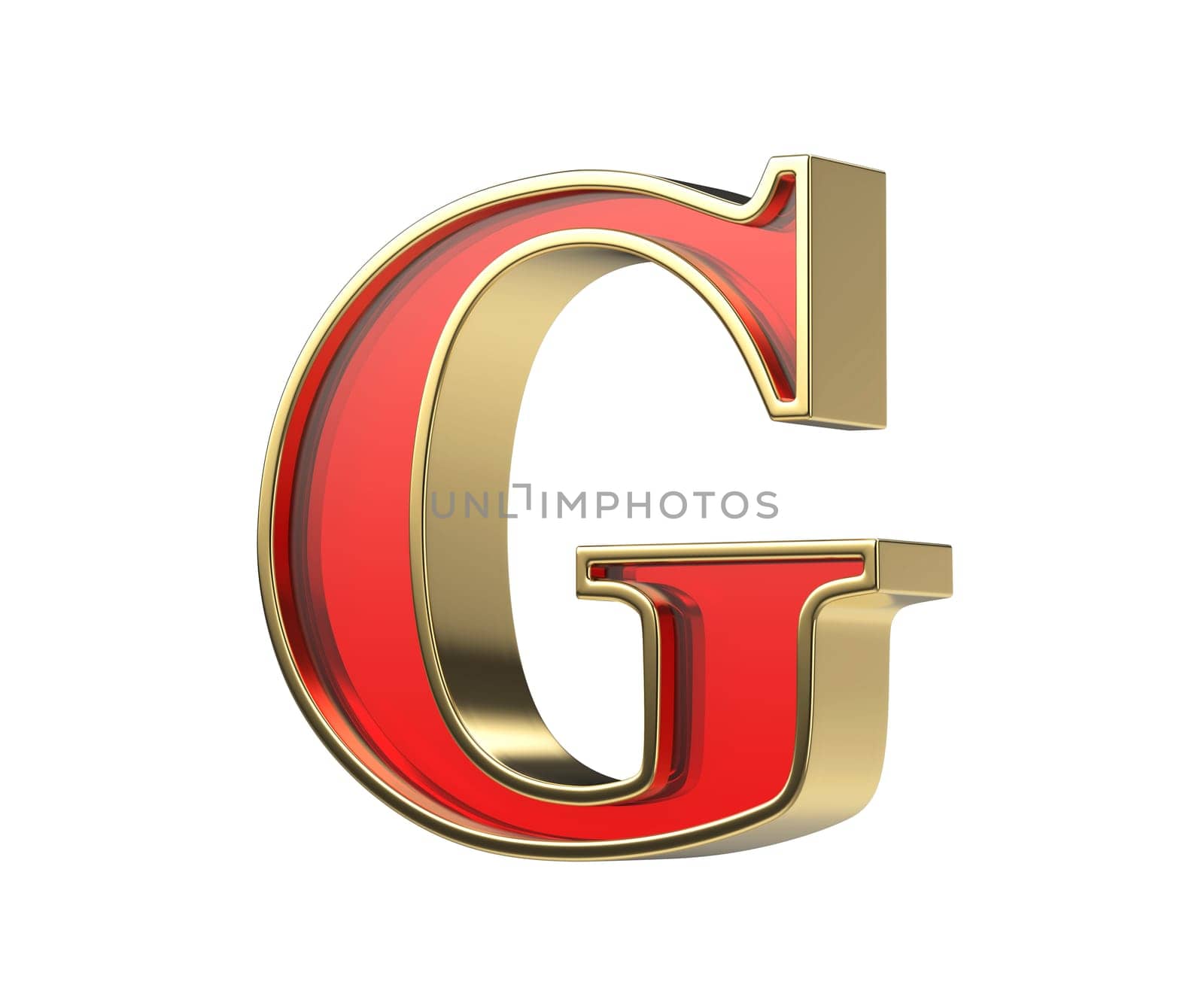Red glass letter G with a shiny golden frame, isolated on a white background