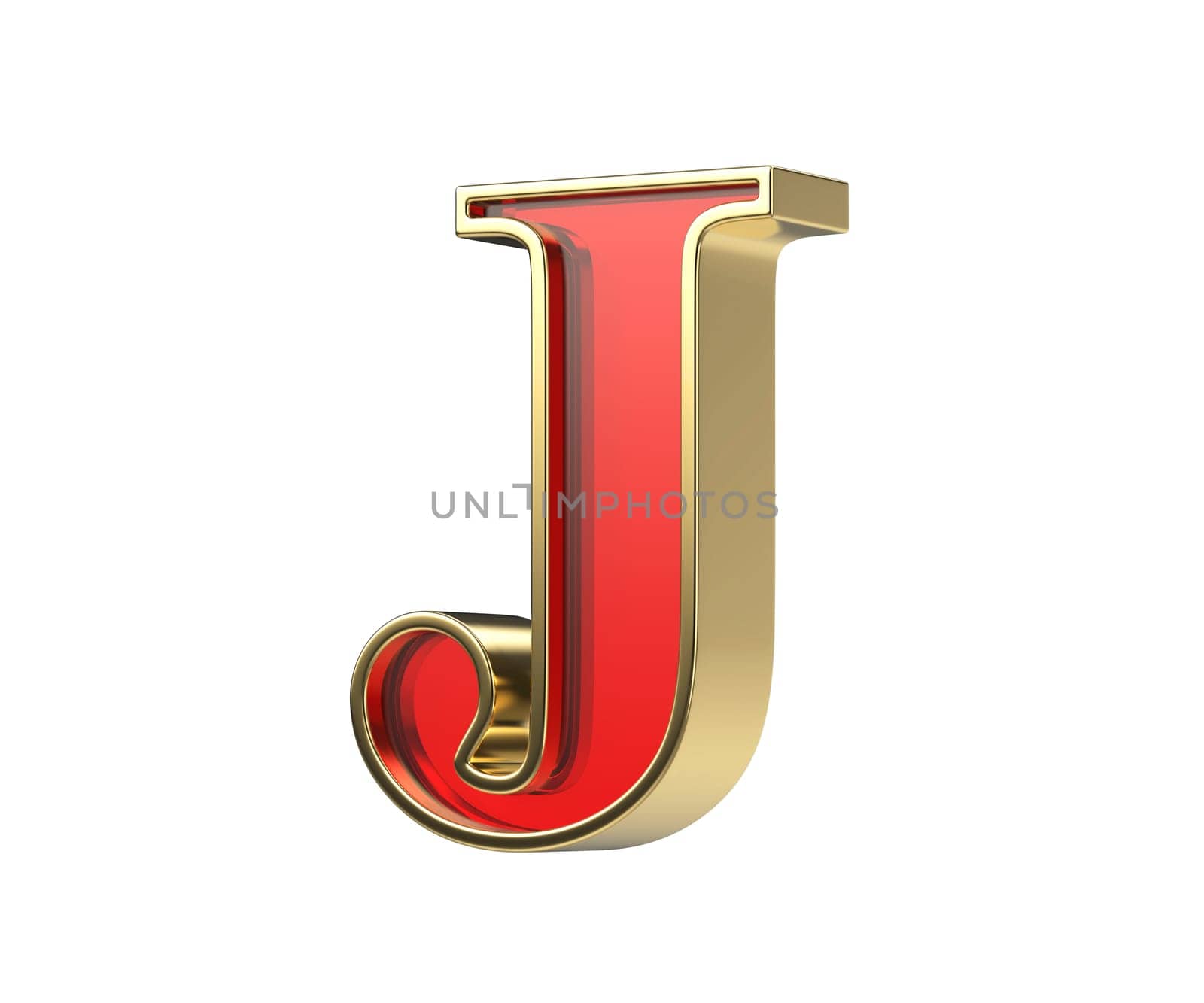 Red glass letter J with a shiny golden frame, isolated on a white background