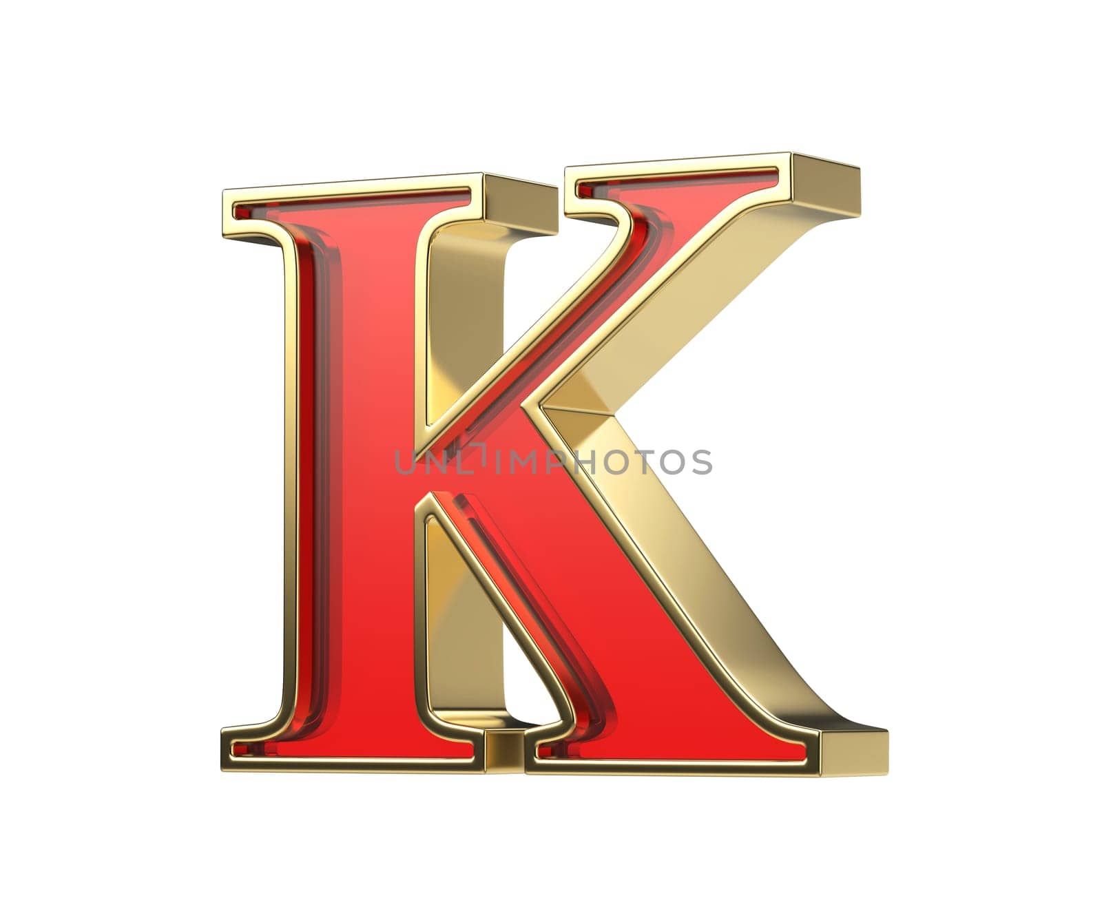 Red glass letter K with a shiny golden frame, isolated on a white background