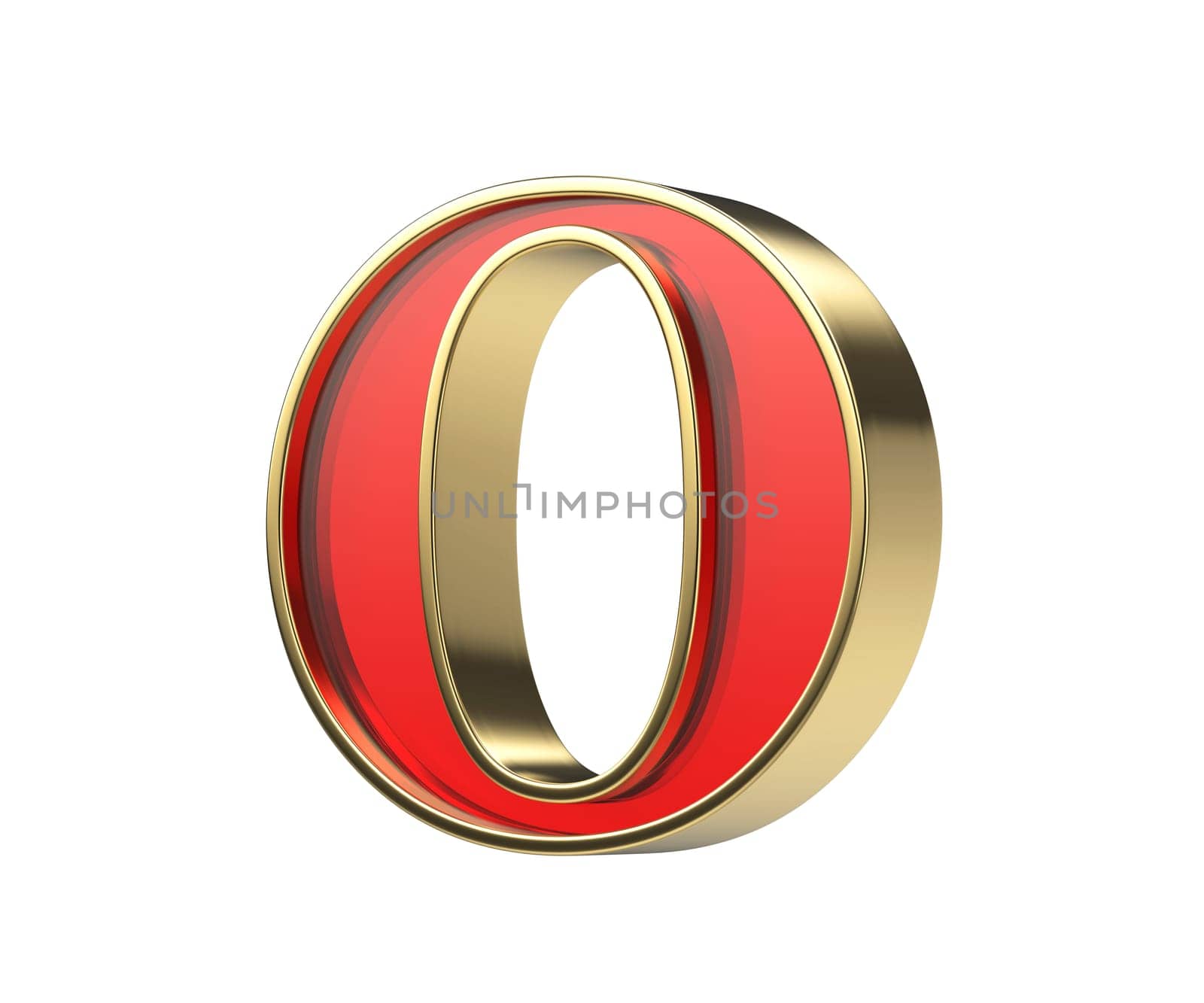 Red glass letter O with a shiny golden frame, isolated on a white background
